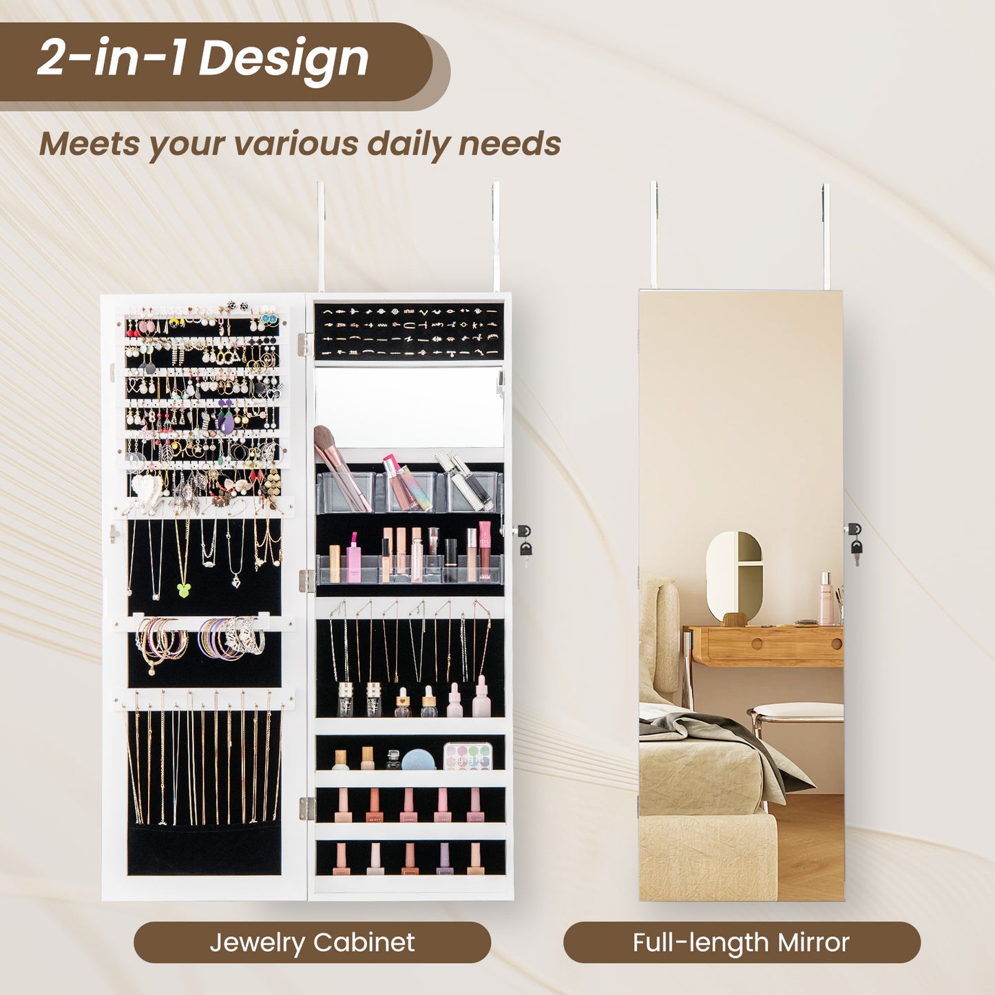 43.5 Inch Jewelry Mirror Cabinet with Full-Length Mirror, Adjustable Hangers, Lockable Storage – White