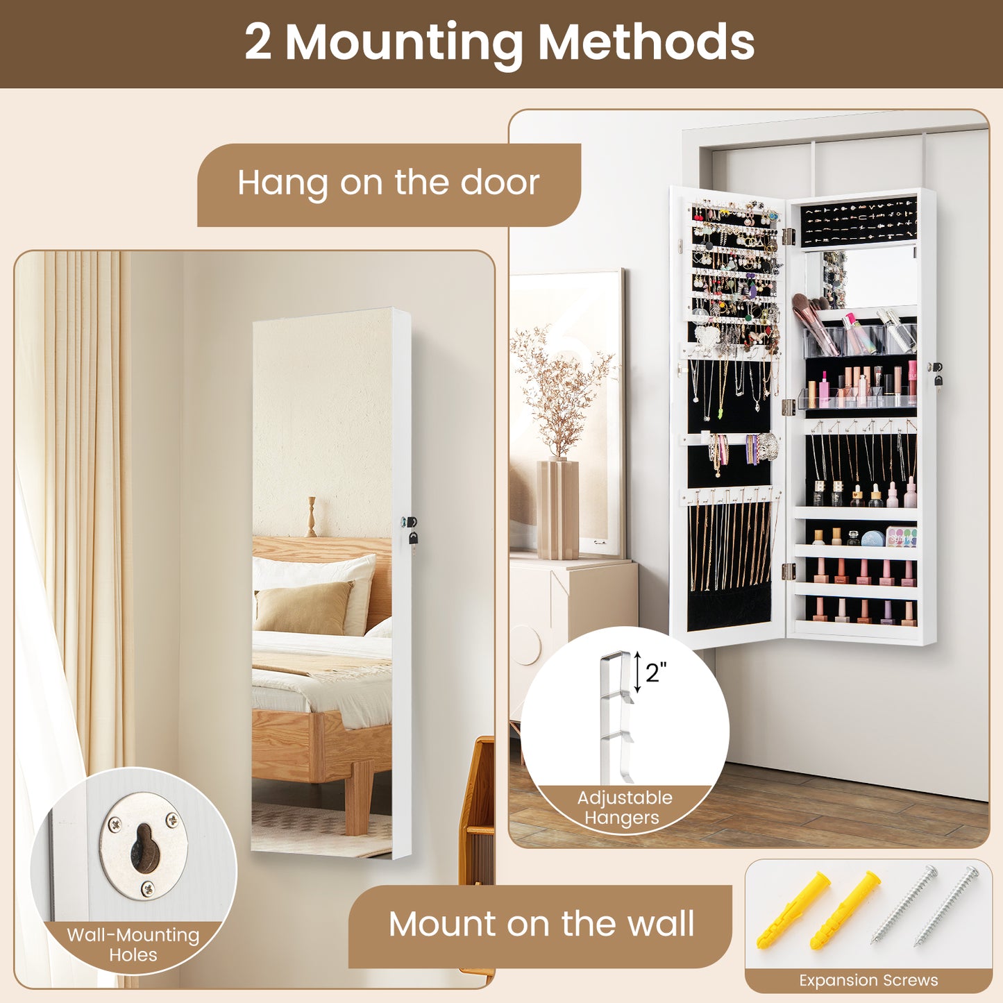 43.5 Inch Jewelry Mirror Cabinet with Full-Length Mirror, Adjustable Hangers, Lockable Storage – White