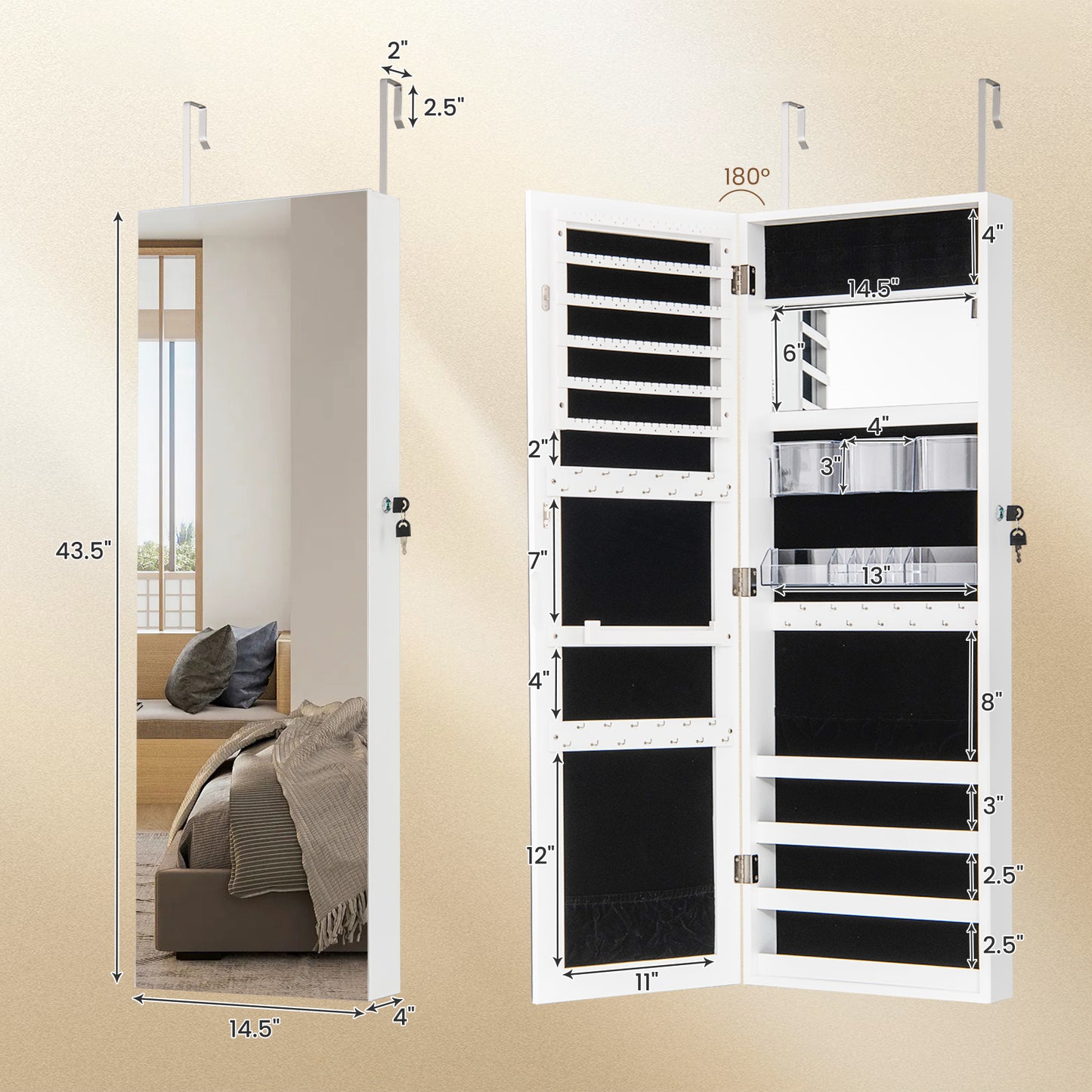 43.5 Inch Jewelry Mirror Cabinet with Full-Length Mirror, Adjustable Hangers, Lockable Storage – White