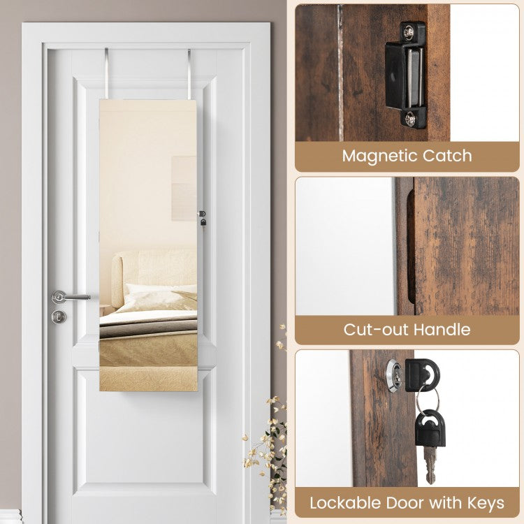 43.5 Inch Jewelry Mirror Cabinet with Full-Length Mirror, Adjustable Hangers, Lockable Storage – Rustic Brown