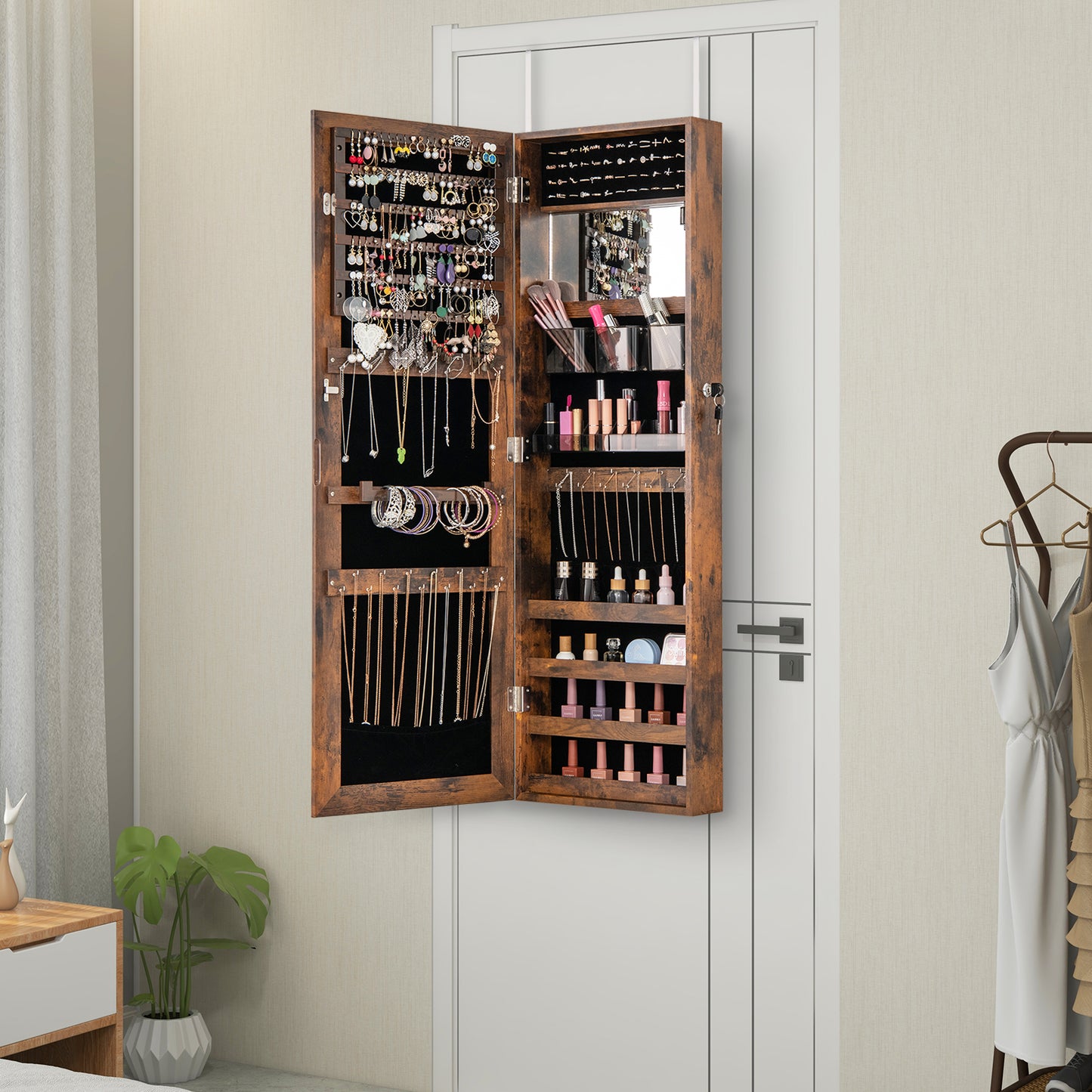 43.5 Inch Jewelry Mirror Cabinet with Full-Length Mirror, Adjustable Hangers, Lockable Storage – Rustic Brown