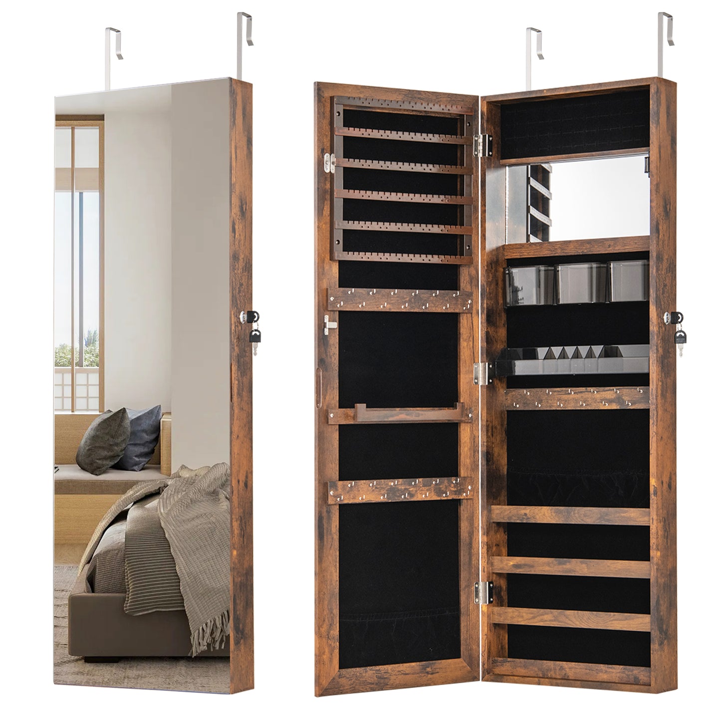 43.5 Inch Jewelry Mirror Cabinet with Full-Length Mirror, Adjustable Hangers, Lockable Storage – Rustic Brown