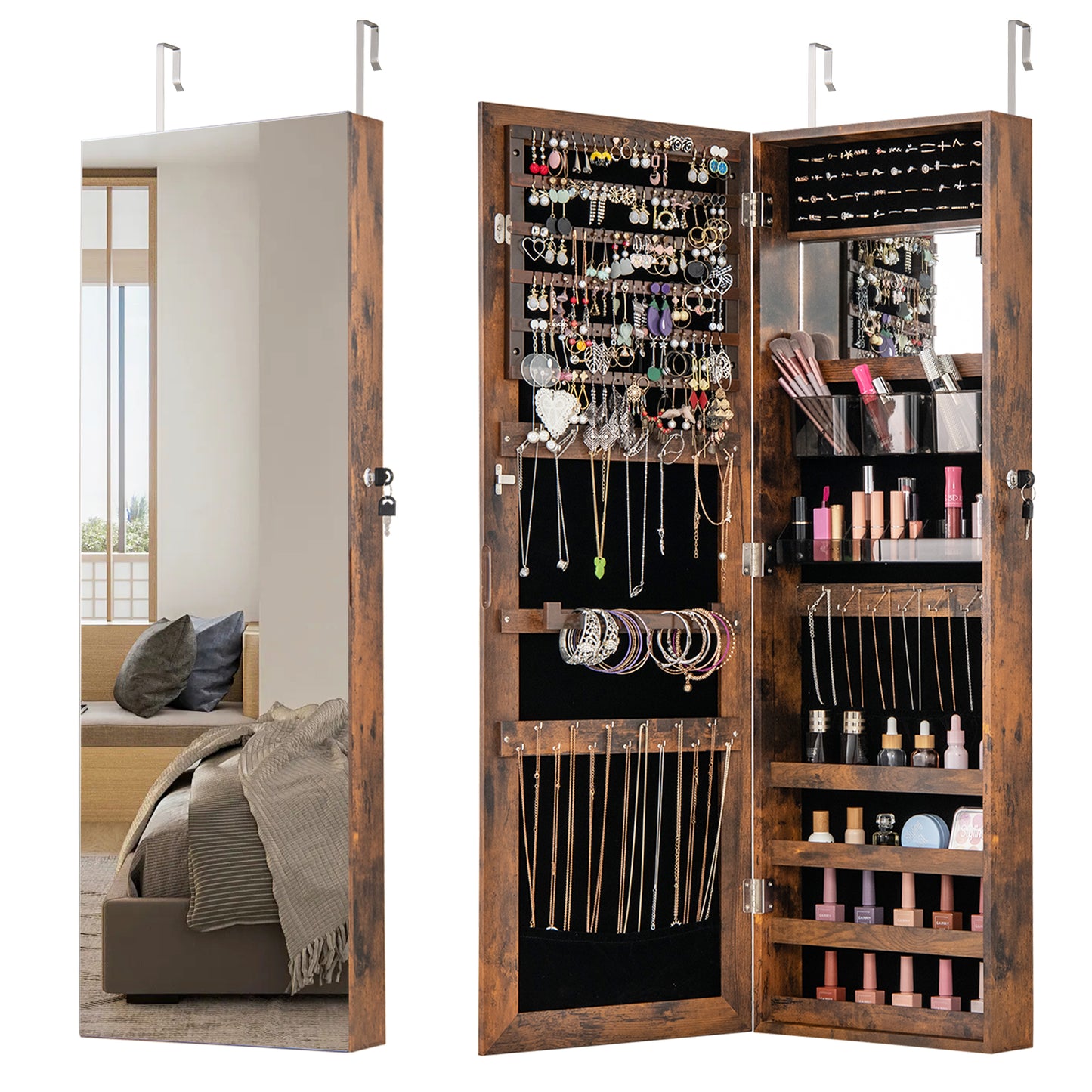 43.5 Inch Jewelry Mirror Cabinet with Full-Length Mirror, Adjustable Hangers, Lockable Storage – Rustic Brown