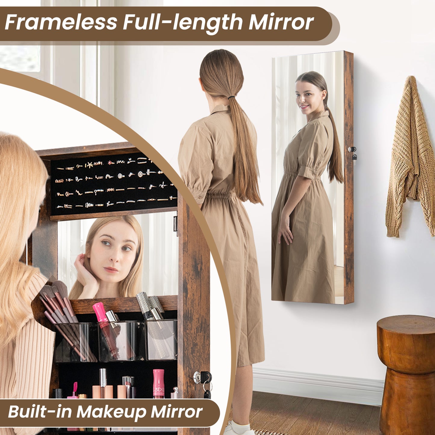 43.5 Inch Jewelry Mirror Cabinet with Full-Length Mirror, Adjustable Hangers, Lockable Storage – Rustic Brown