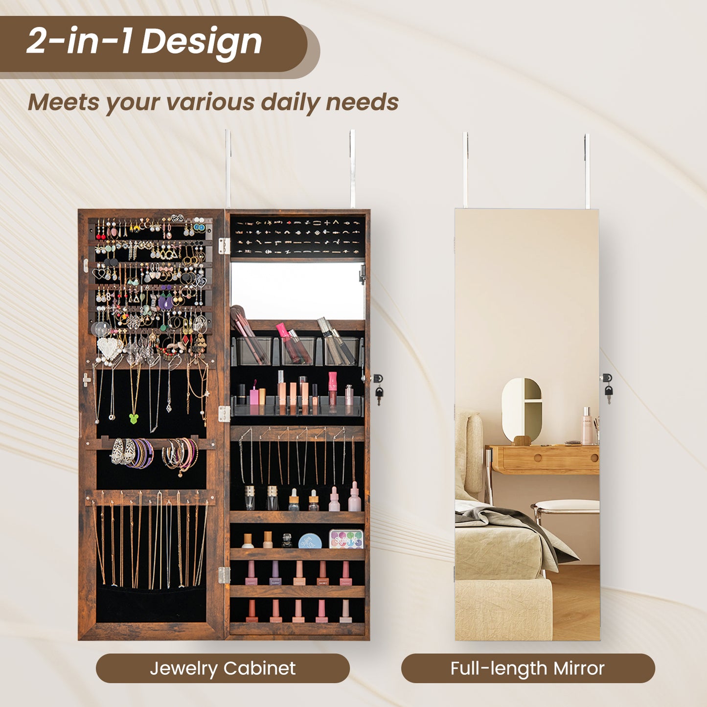 43.5 Inch Jewelry Mirror Cabinet with Full-Length Mirror, Adjustable Hangers, Lockable Storage – Rustic Brown