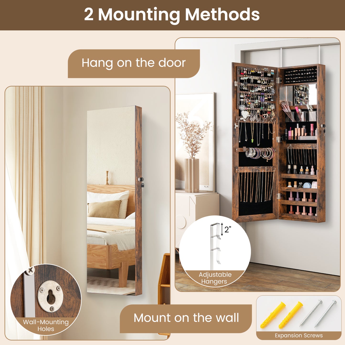 43.5 Inch Jewelry Mirror Cabinet with Full-Length Mirror, Adjustable Hangers, Lockable Storage – Rustic Brown