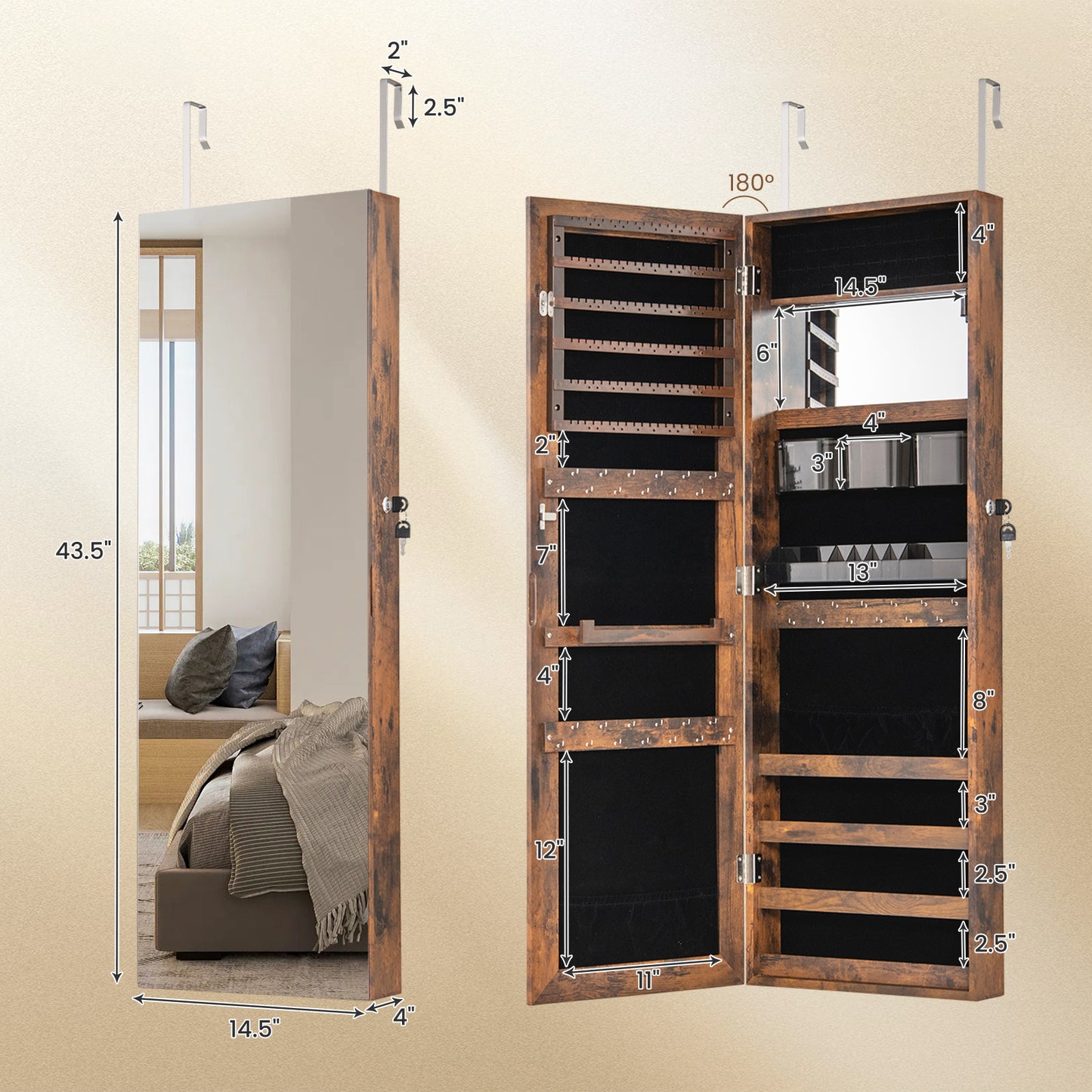 43.5 Inch Jewelry Mirror Cabinet with Full-Length Mirror, Adjustable Hangers, Lockable Storage – Rustic Brown