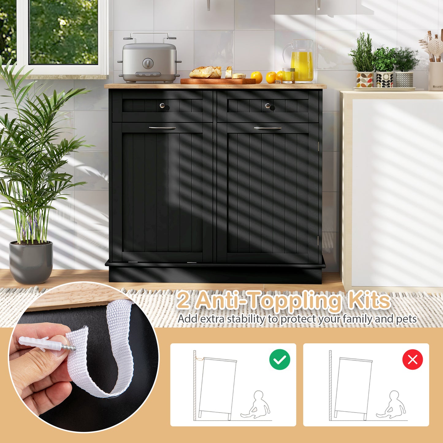 Kitchen Cabinet with Tilt-Out Bin, Dual Drawers and Adjustable Shelf - Black
