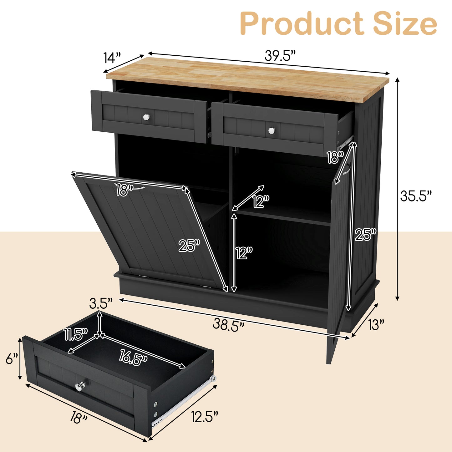 Kitchen Cabinet with Tilt-Out Bin, Dual Drawers and Adjustable Shelf - Black