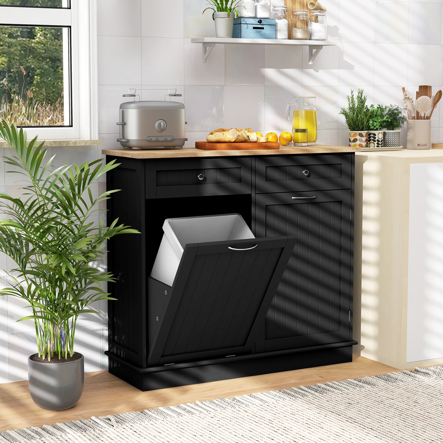 Kitchen Cabinet with Tilt-Out Bin, Dual Drawers and Adjustable Shelf - Black