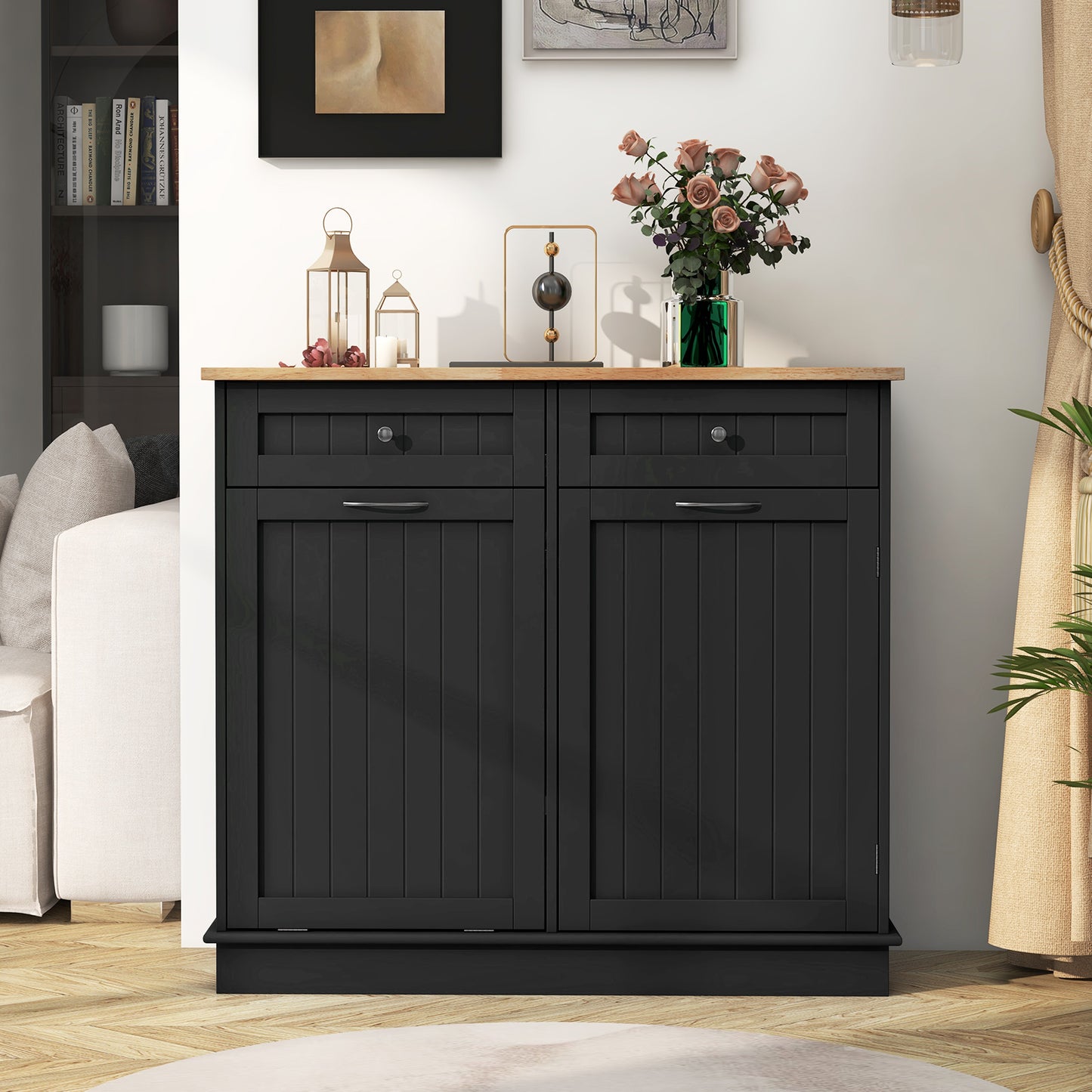 Kitchen Cabinet with Tilt-Out Bin, Dual Drawers and Adjustable Shelf - Black