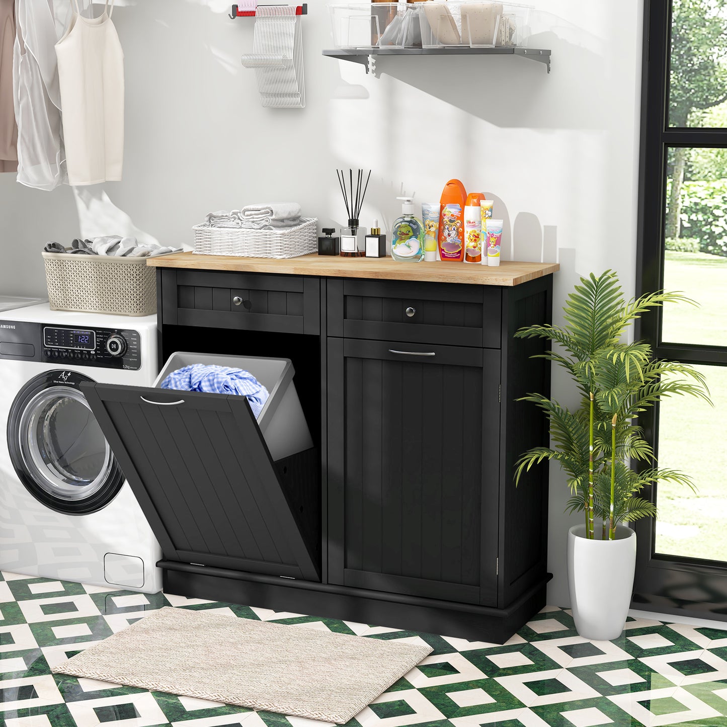 Kitchen Cabinet with Tilt-Out Bin, Dual Drawers and Adjustable Shelf - Black