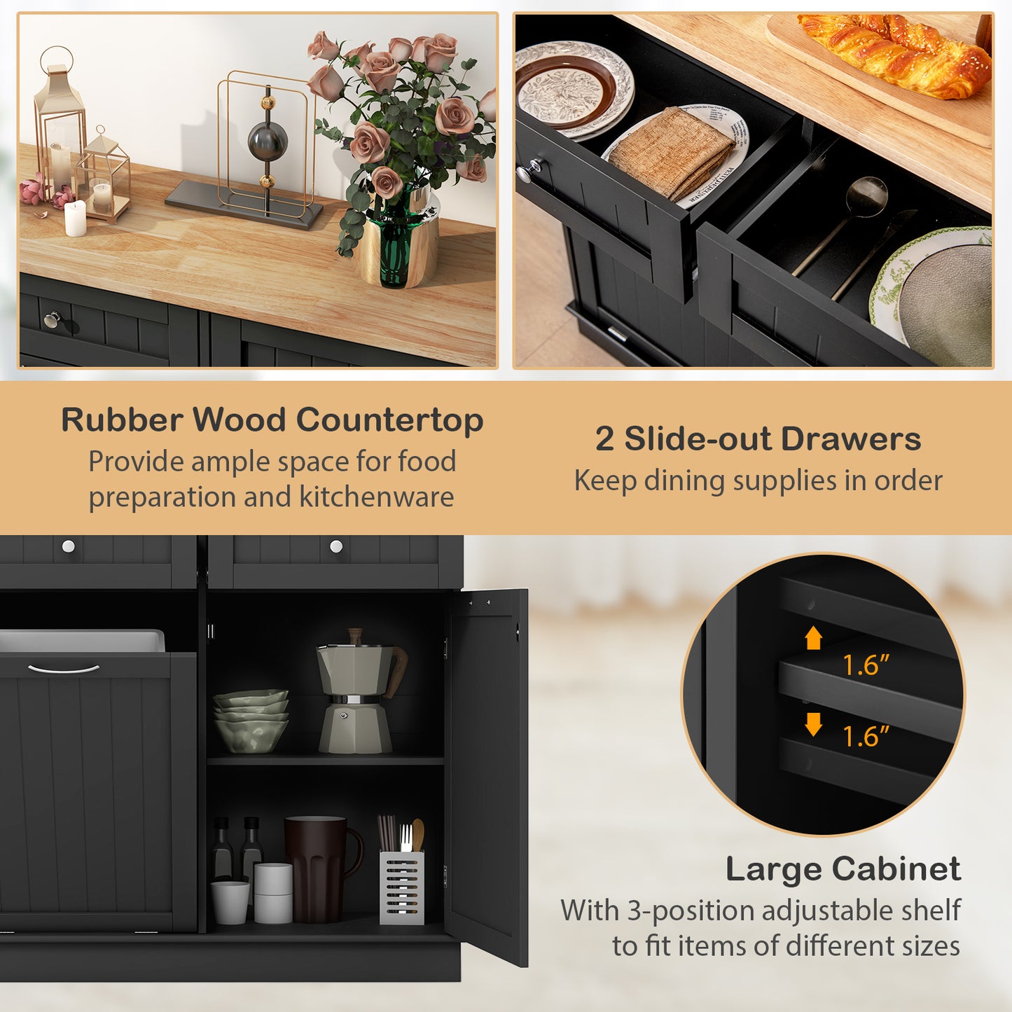 Kitchen Cabinet with Tilt-Out Bin, Dual Drawers and Adjustable Shelf - Black