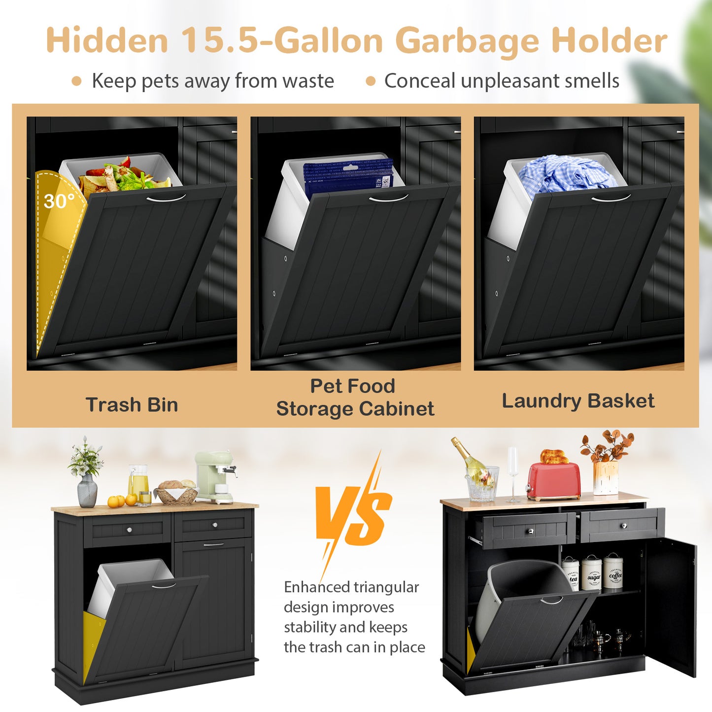 Kitchen Cabinet with Tilt-Out Bin, Dual Drawers and Adjustable Shelf - Black