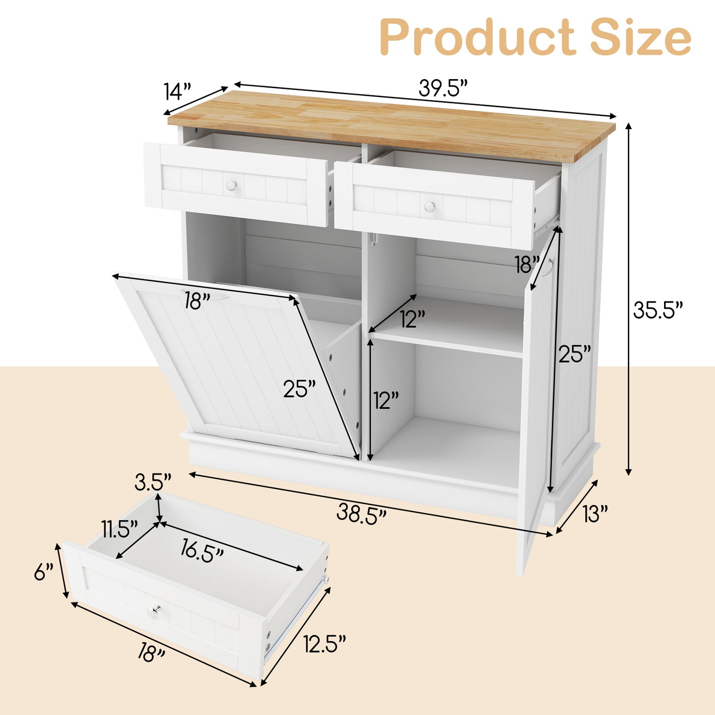 Kitchen Cabinet with Tilt-Out Bin, Dual Drawers and Adjustable Shelf - White