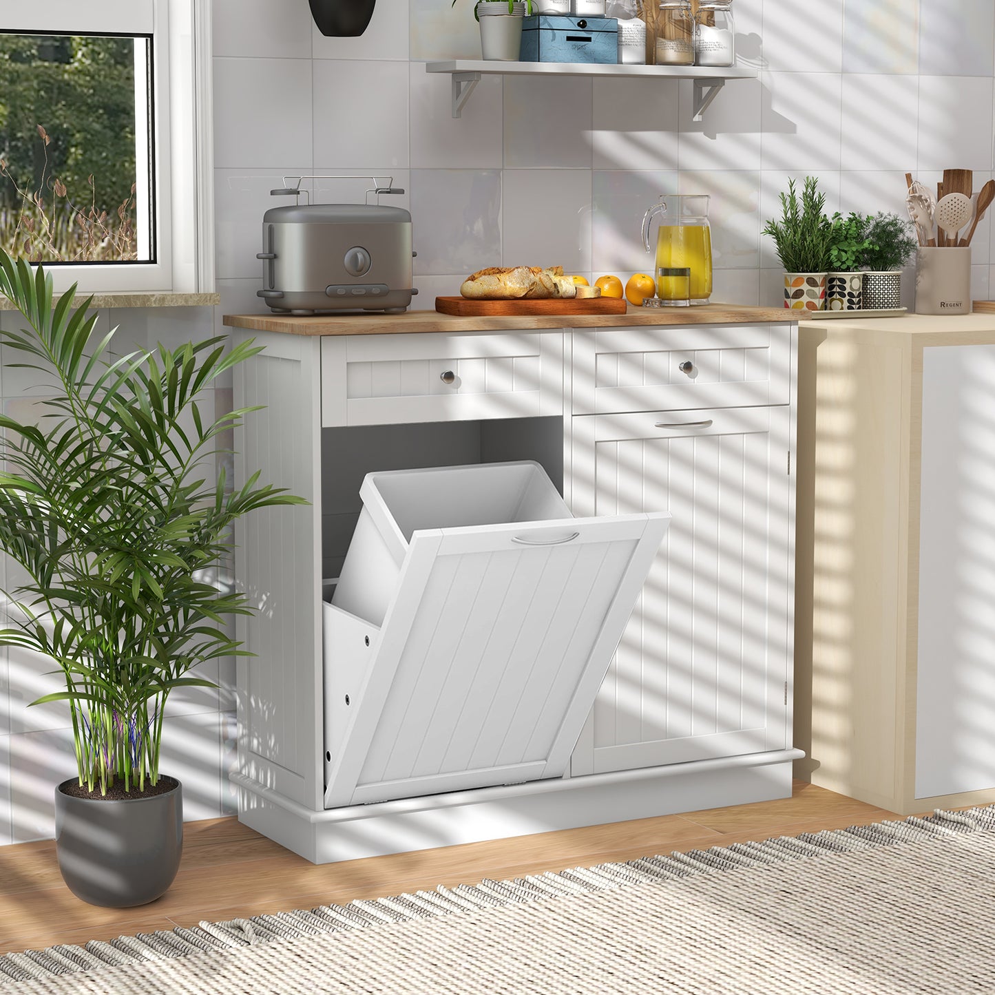 Kitchen Cabinet with Tilt-Out Bin, Dual Drawers and Adjustable Shelf - White