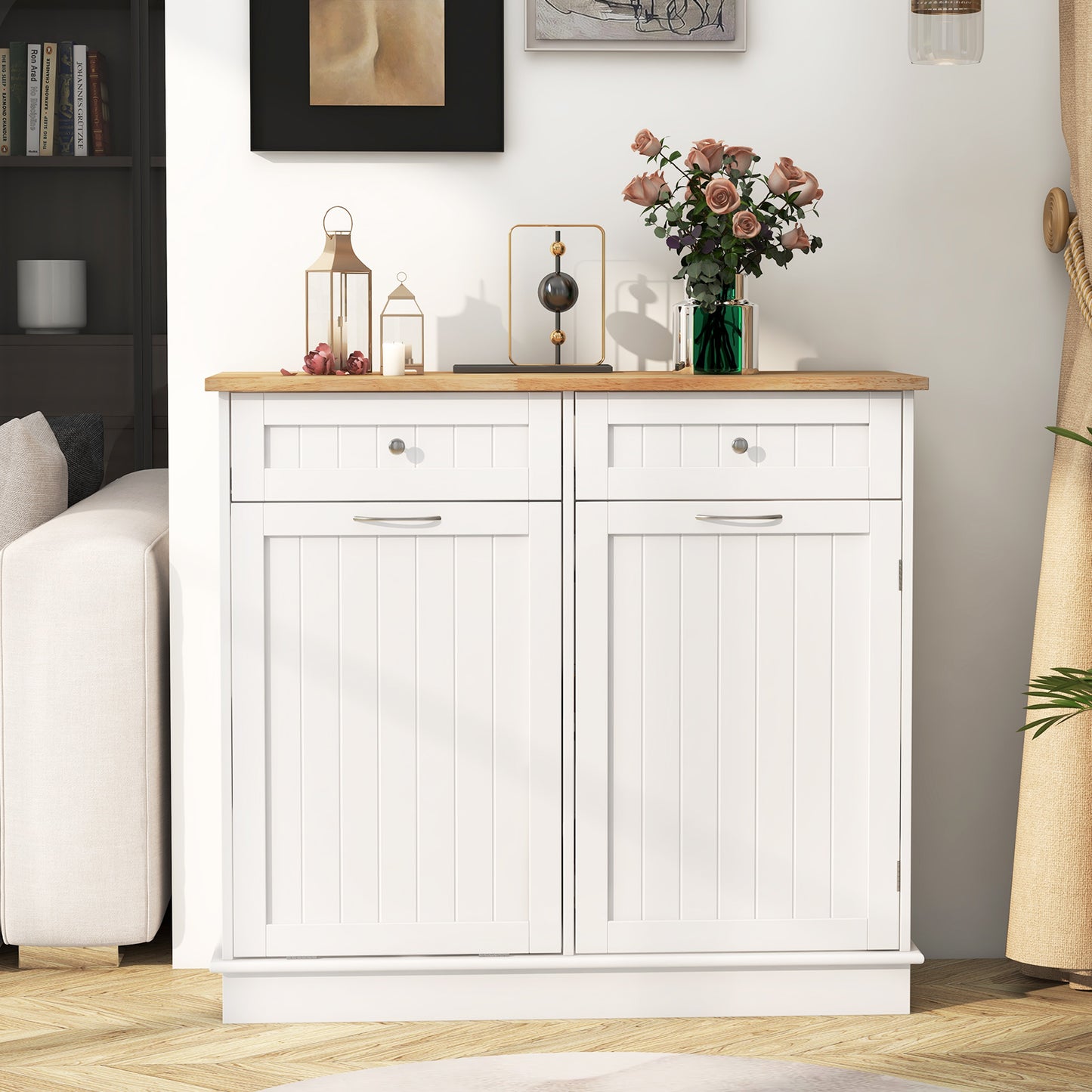 Kitchen Cabinet with Tilt-Out Bin, Dual Drawers and Adjustable Shelf - White