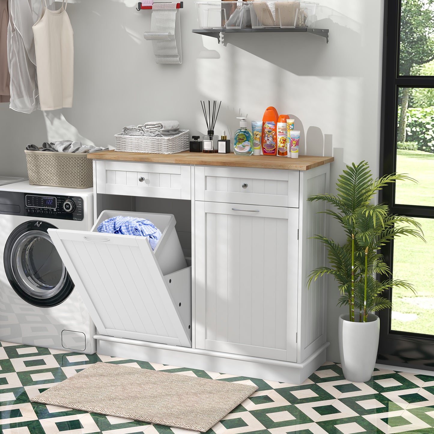Kitchen Cabinet with Tilt-Out Bin, Dual Drawers and Adjustable Shelf - White