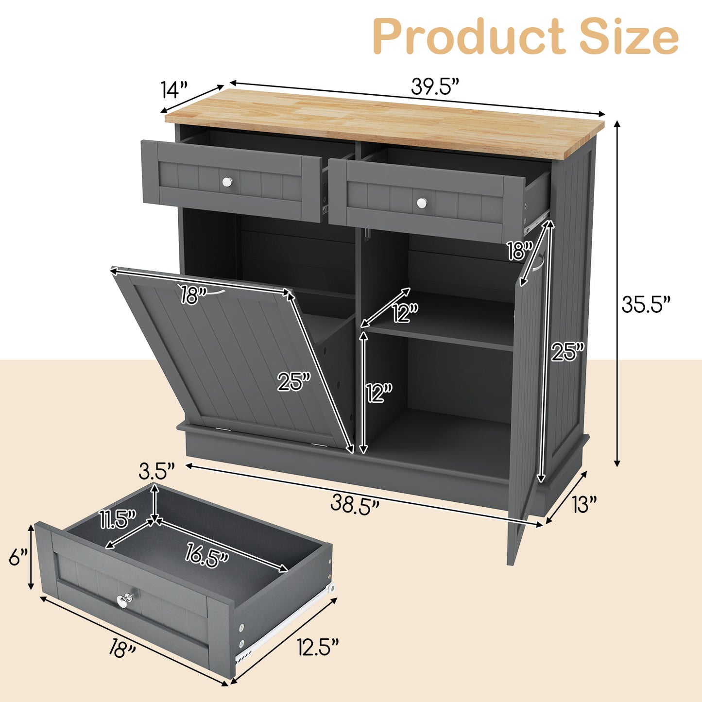 Kitchen Cabinet with Tilt-Out Bin, Dual Drawers and Adjustable Shelf - Grey