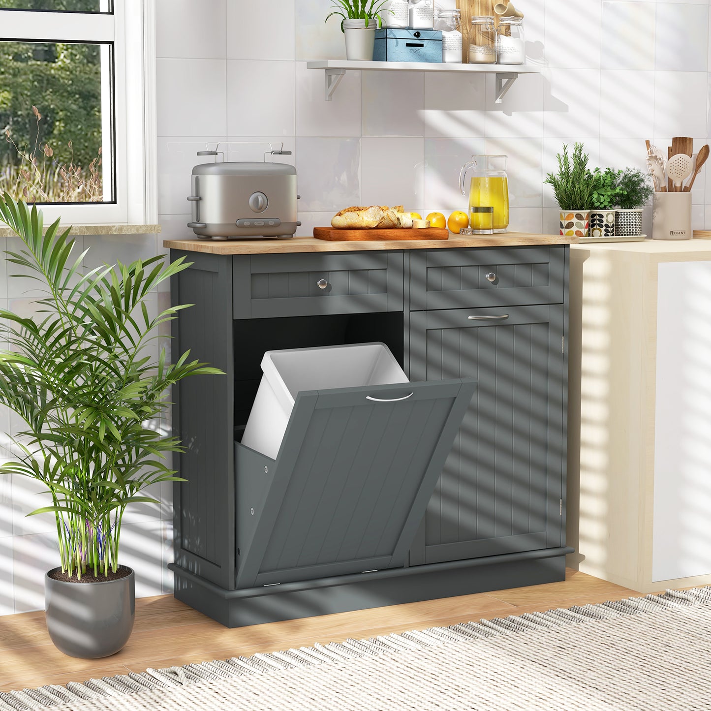 Kitchen Cabinet with Tilt-Out Bin, Dual Drawers and Adjustable Shelf - Grey