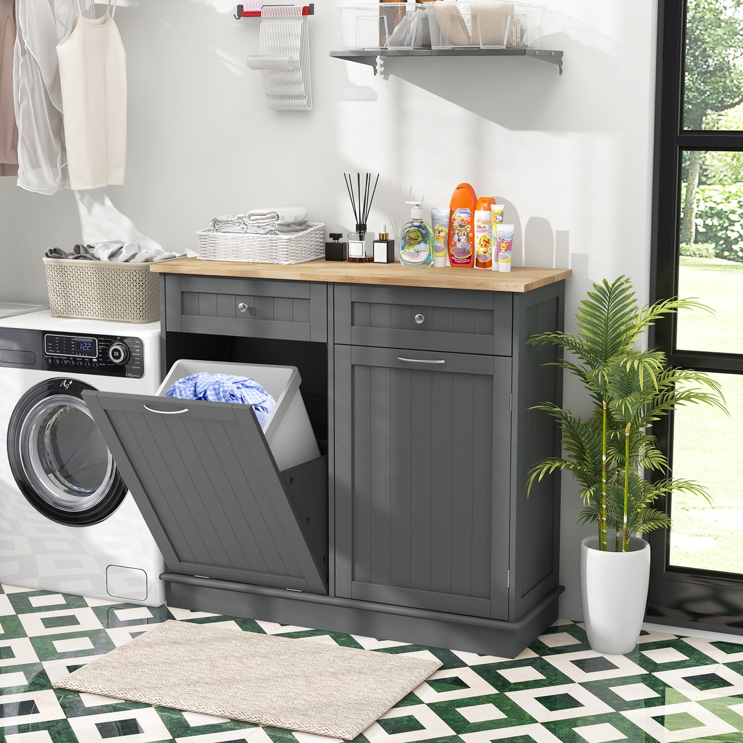 Kitchen Cabinet with Tilt-Out Bin, Dual Drawers and Adjustable Shelf - Grey