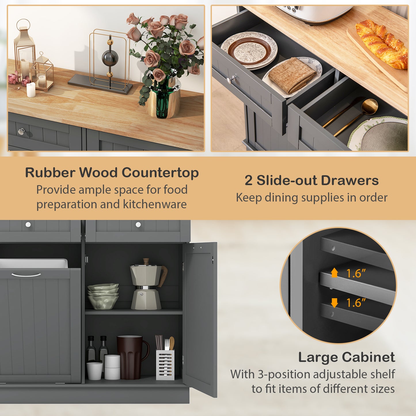 Kitchen Cabinet with Tilt-Out Bin, Dual Drawers and Adjustable Shelf - Grey