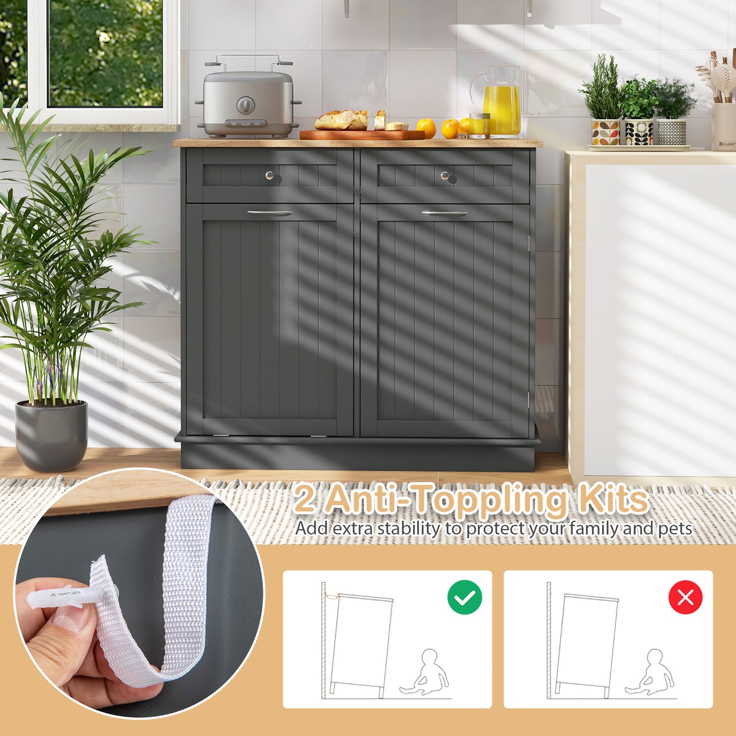 Kitchen Cabinet with Tilt-Out Bin, Dual Drawers and Adjustable Shelf - Grey