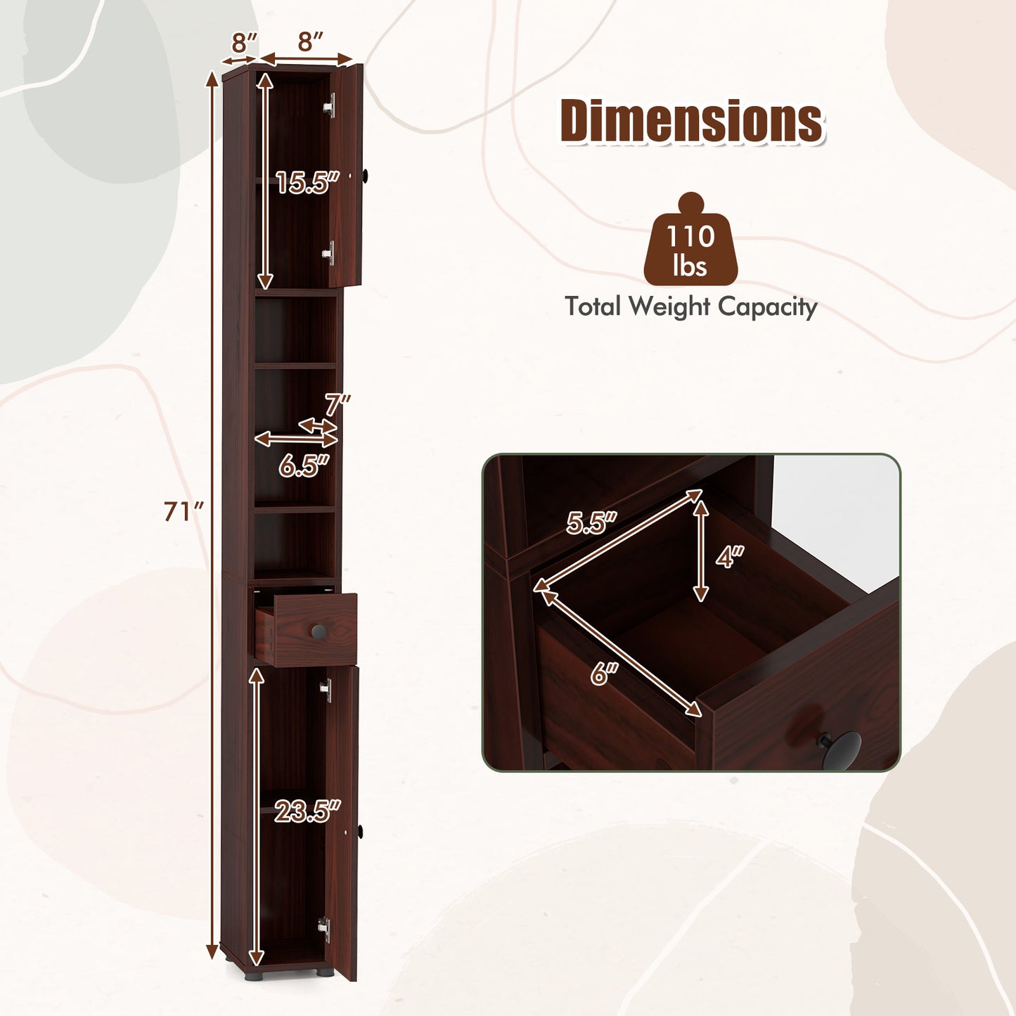 71 Inch Tall Freestanding Storage Cabinet with Adjustable Shelves and Anti-Tipping Device