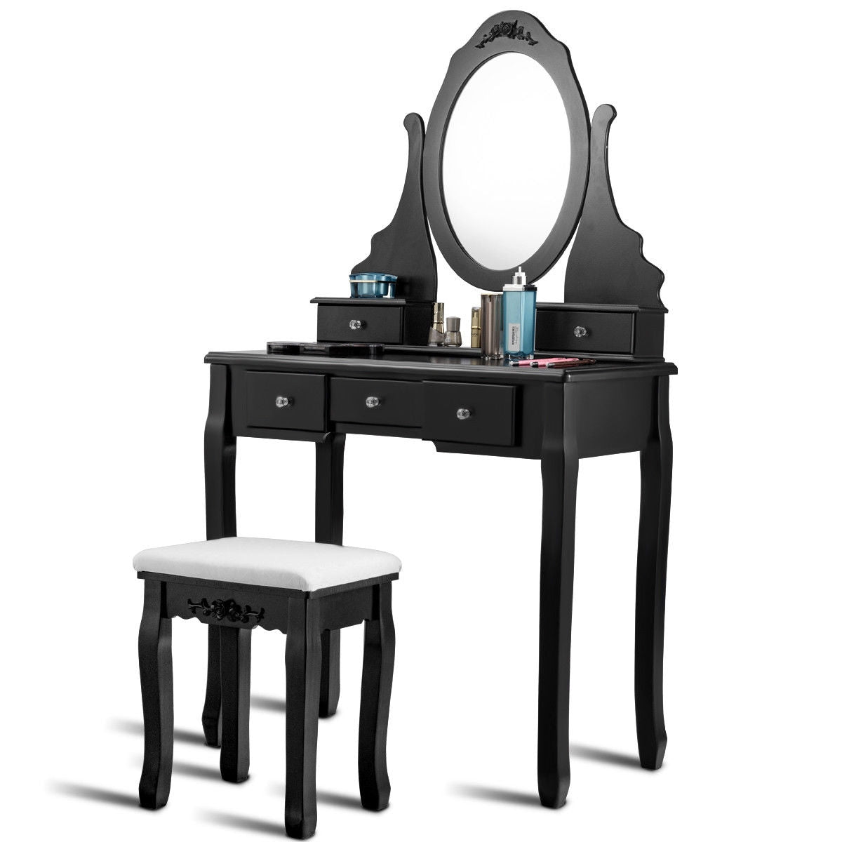 Wood Vanity Table Set with Rotating Oval Mirror, Drawers, and Comfort Stool – Black