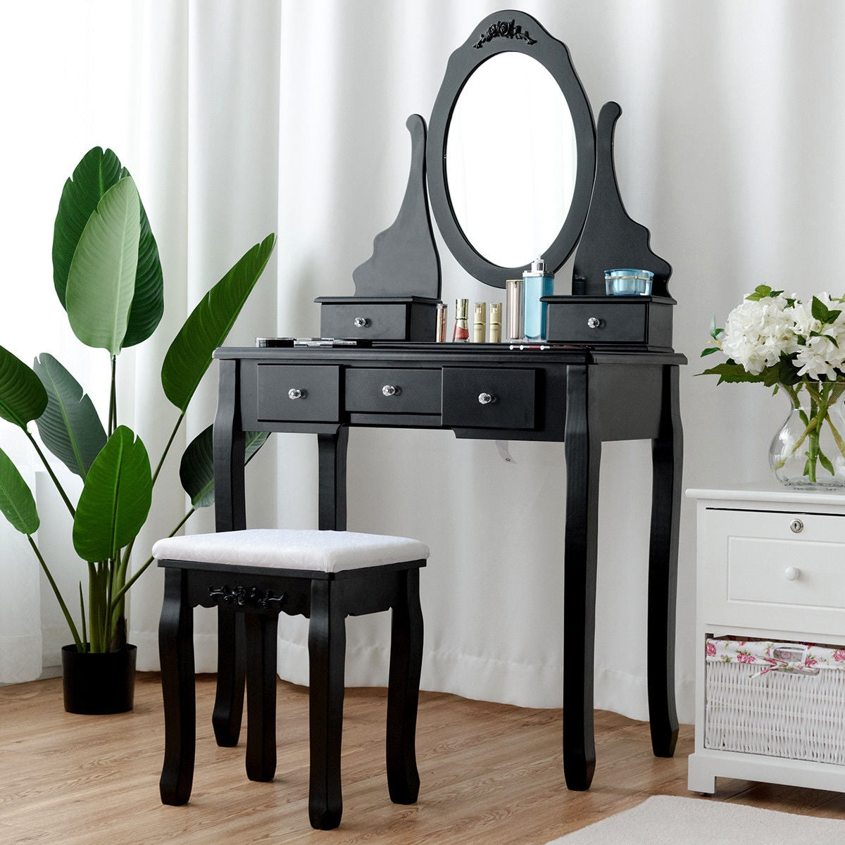 Wood Vanity Table Set with Rotating Oval Mirror, Drawers, and Comfort Stool – Black