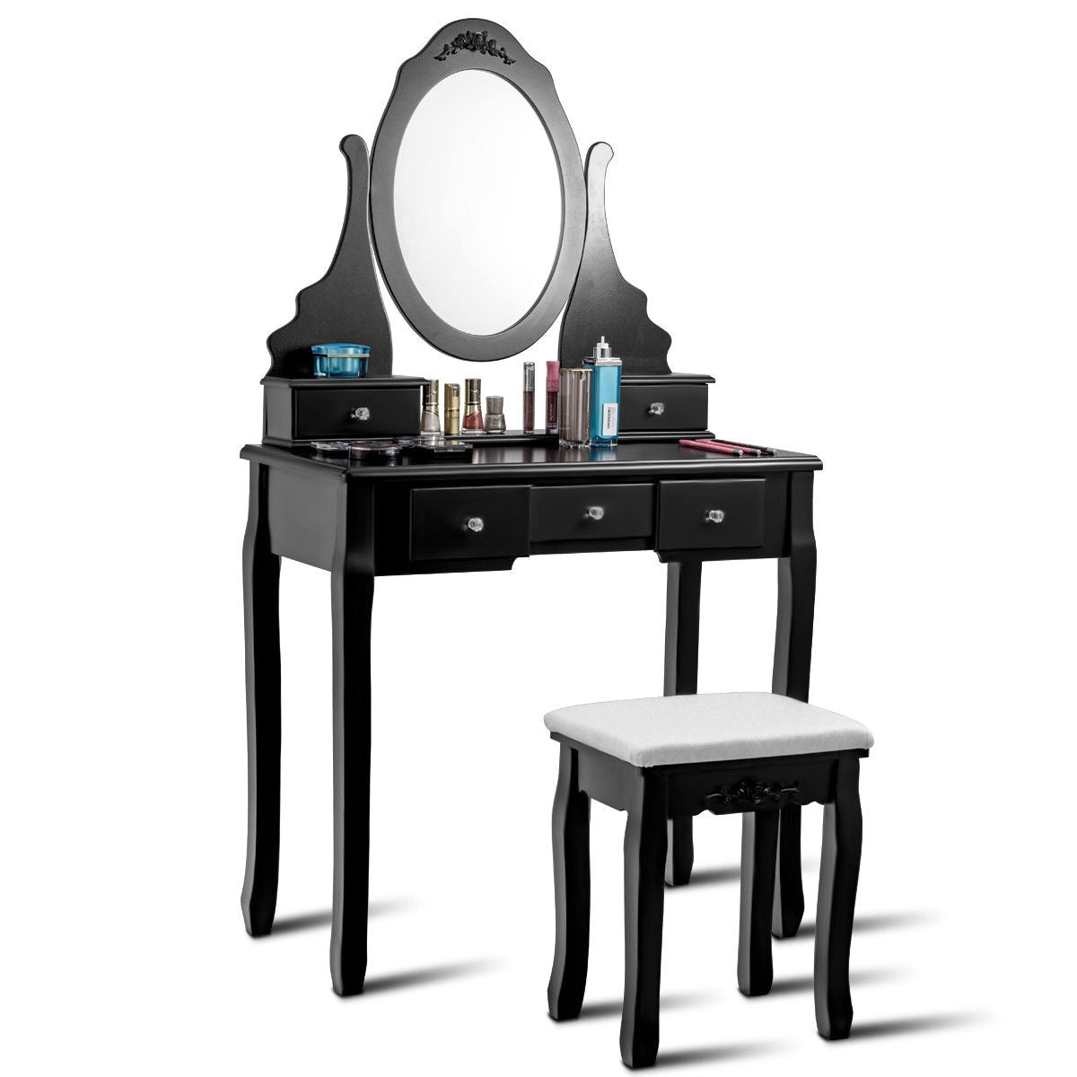 Wood Vanity Table Set with Rotating Oval Mirror, Drawers, and Comfort Stool – Black