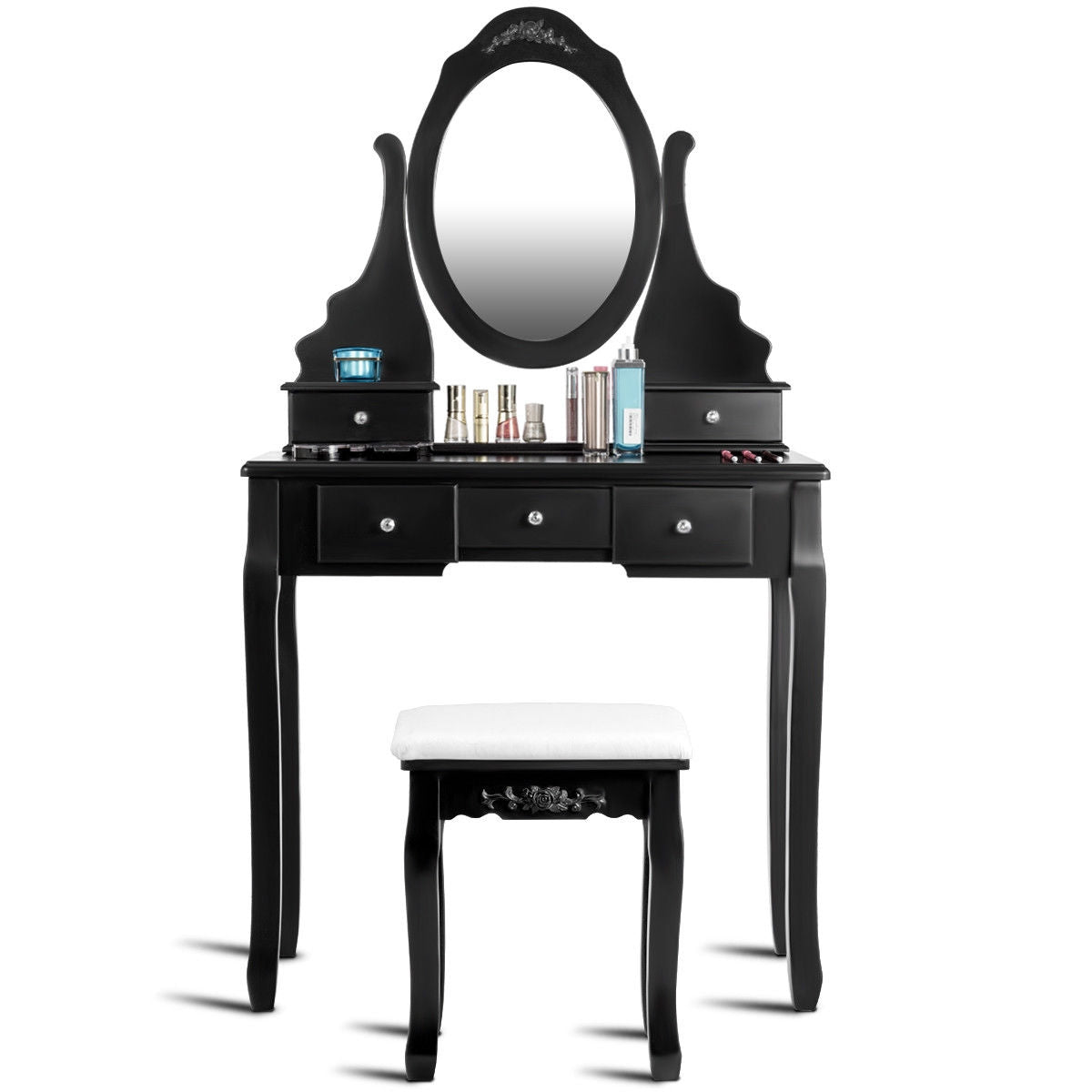 Wood Vanity Table Set with Rotating Oval Mirror, Drawers, and Comfort Stool – Black