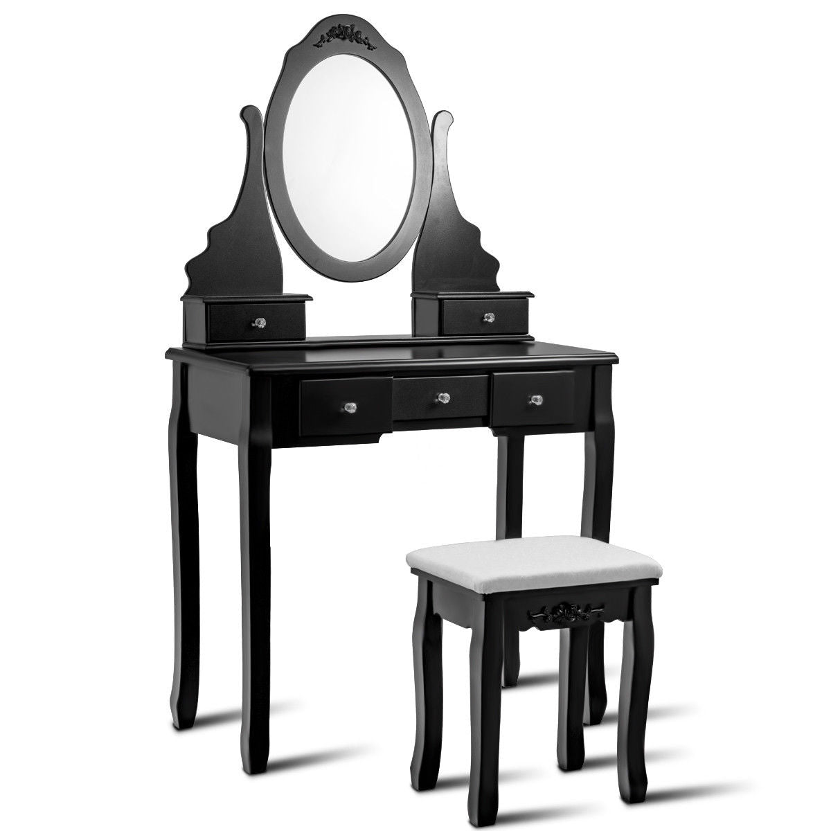 Wood Vanity Table Set with Rotating Oval Mirror, Drawers, and Comfort Stool – Black