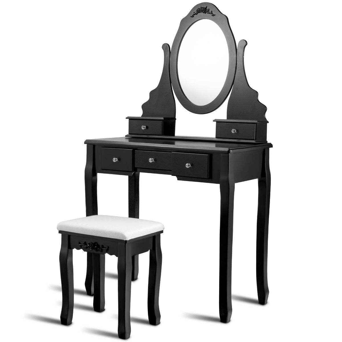 Wood Vanity Table Set with Rotating Oval Mirror, Drawers, and Comfort Stool – Black
