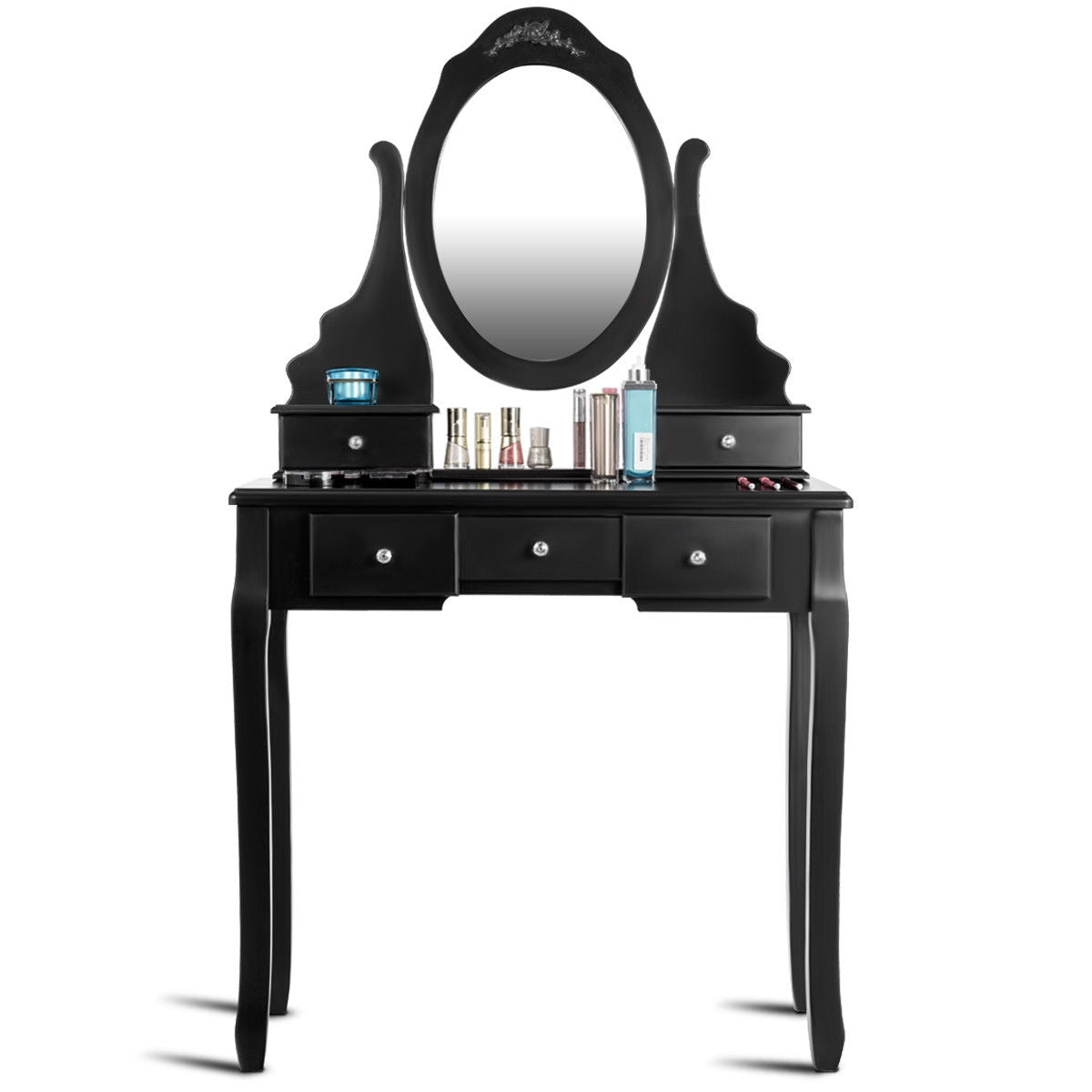 Wood Vanity Table Set with Rotating Oval Mirror, Drawers, and Comfort Stool – Black