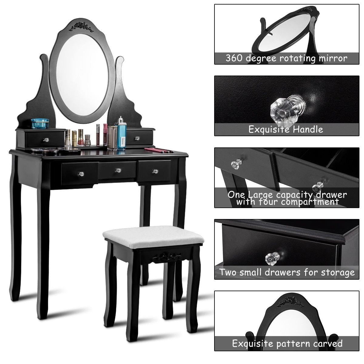 Wood Vanity Table Set with Rotating Oval Mirror, Drawers, and Comfort Stool – Black