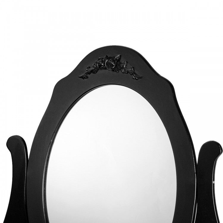 Wood Vanity Table Set with Rotating Oval Mirror, Drawers, and Comfort Stool – Black