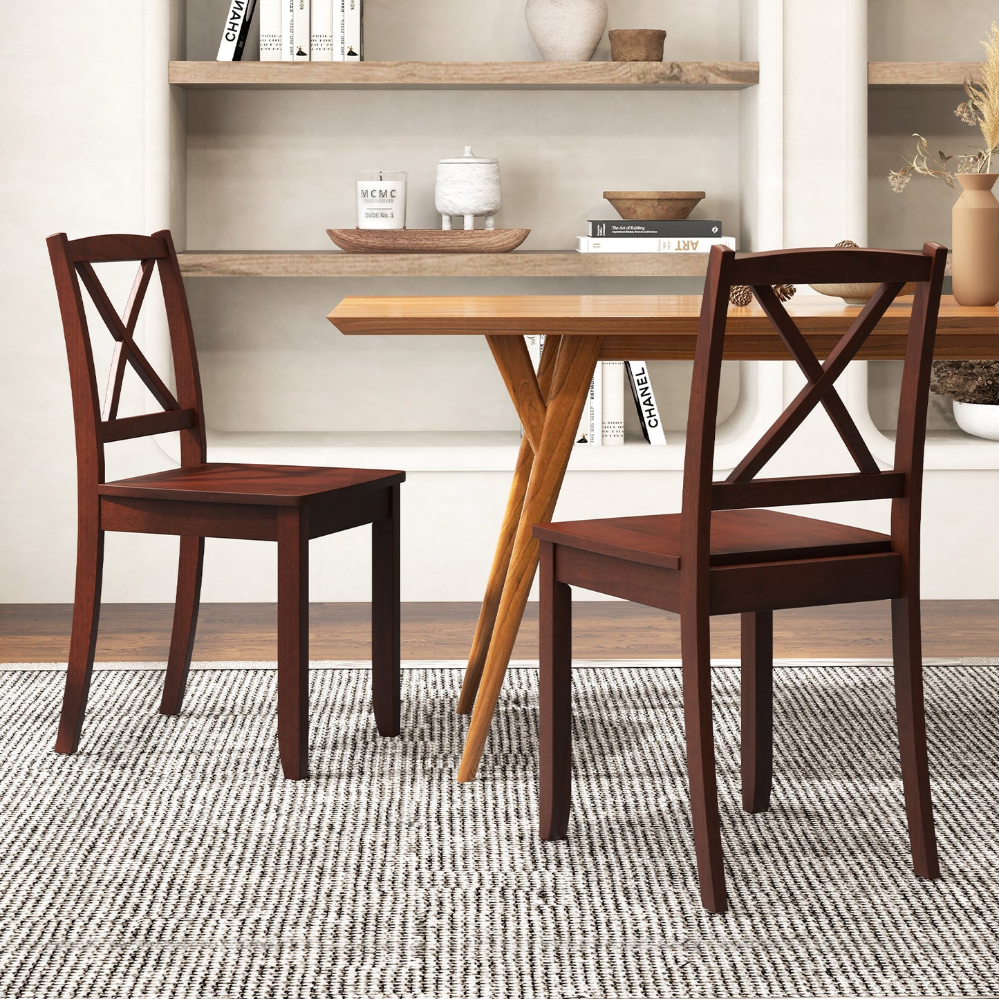 Set of 2 Wood Dining Chairs with Curved Backrest and Durable Rubber Wood Legs - Brown
