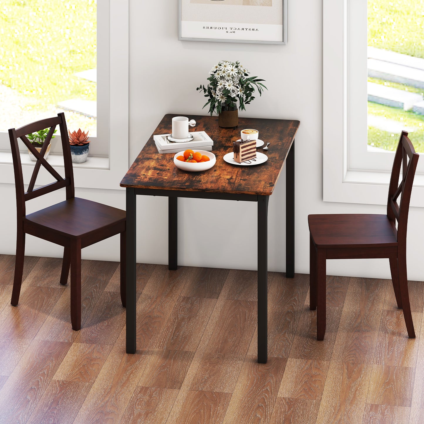 Set of 2 Wood Dining Chairs with Curved Backrest and Durable Rubber Wood Legs - Brown