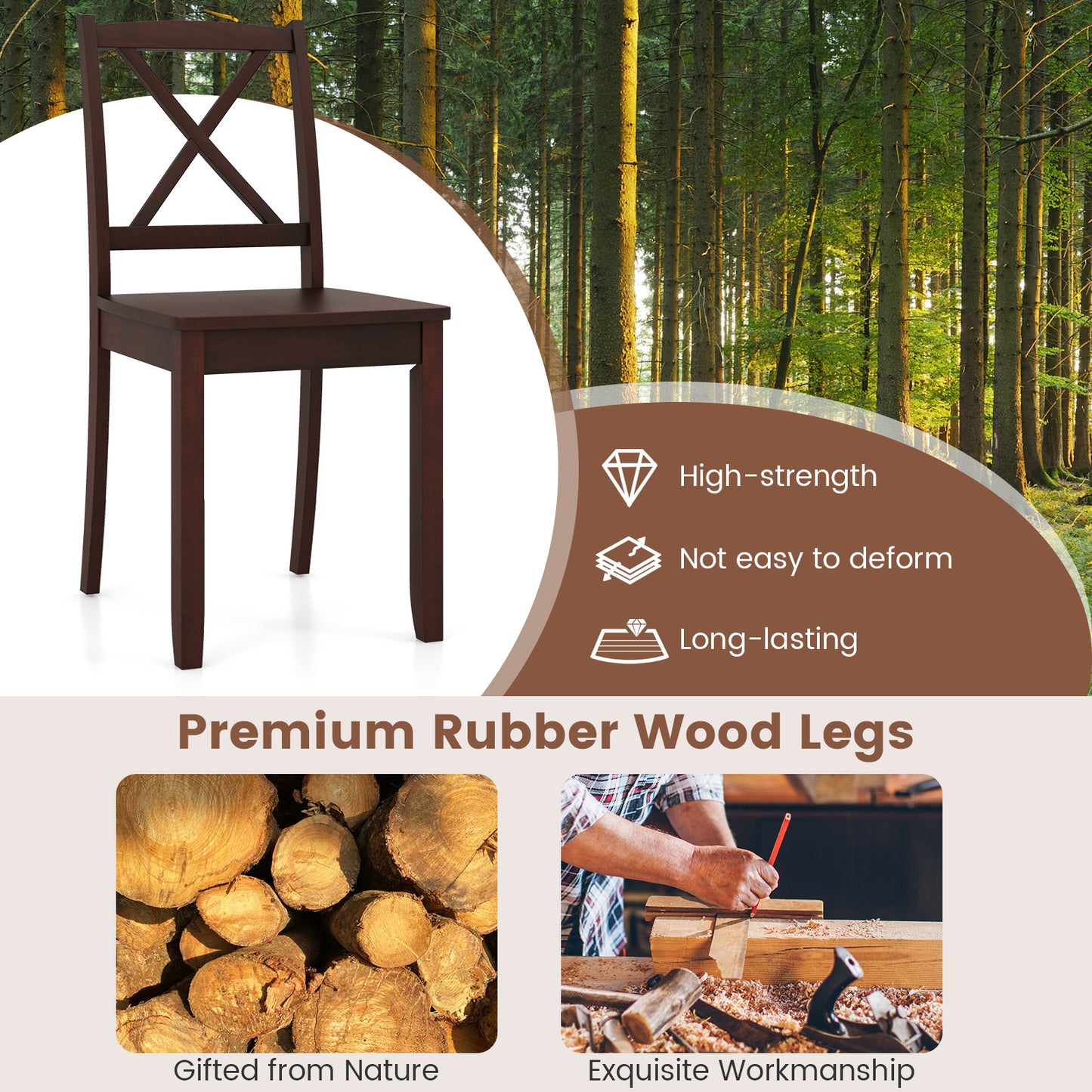 Set of 2 Wood Dining Chairs with Curved Backrest and Durable Rubber Wood Legs - Brown