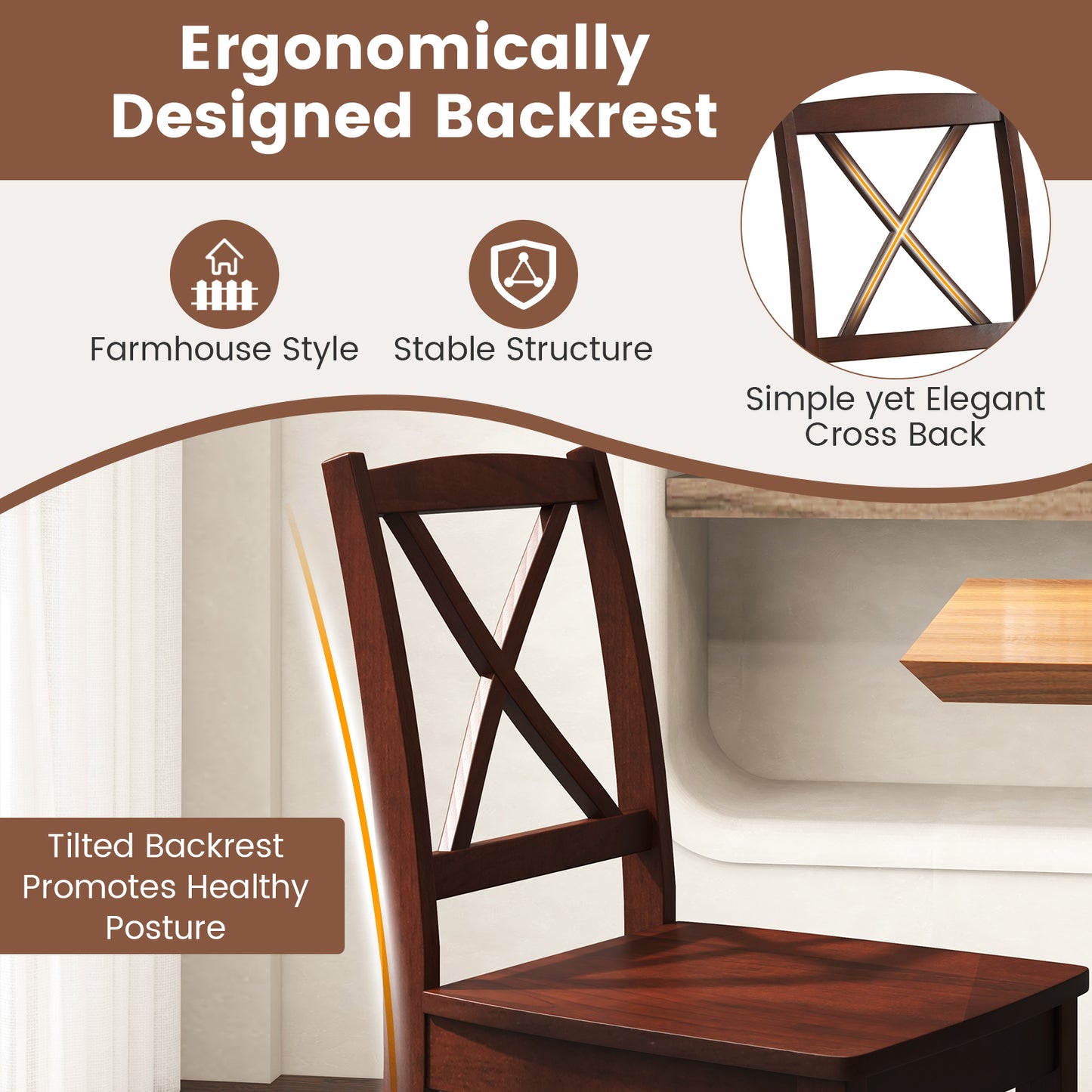 Set of 2 Wood Dining Chairs with Curved Backrest and Durable Rubber Wood Legs - Brown