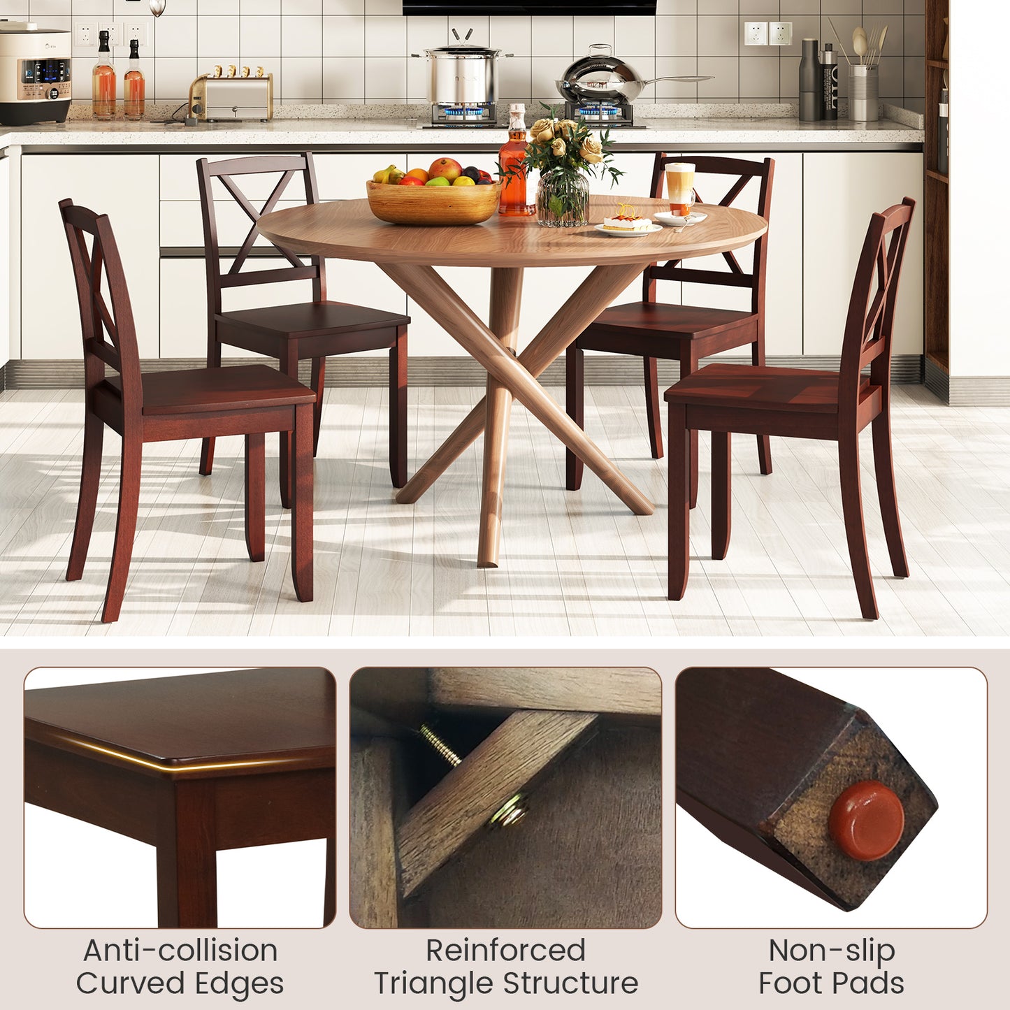 Set of 2 Wood Dining Chairs with Curved Backrest and Durable Rubber Wood Legs - Brown
