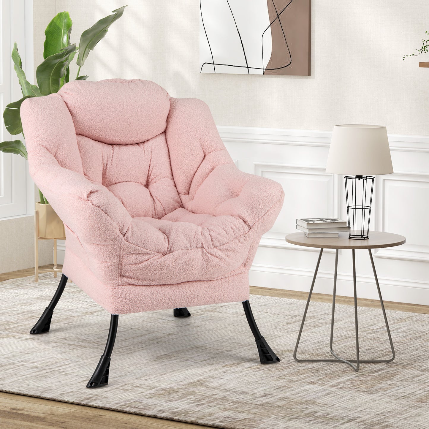 Ergonomic Sherpa Upholstered Accent Chair with Head Pillow and Side Pocket – Pink