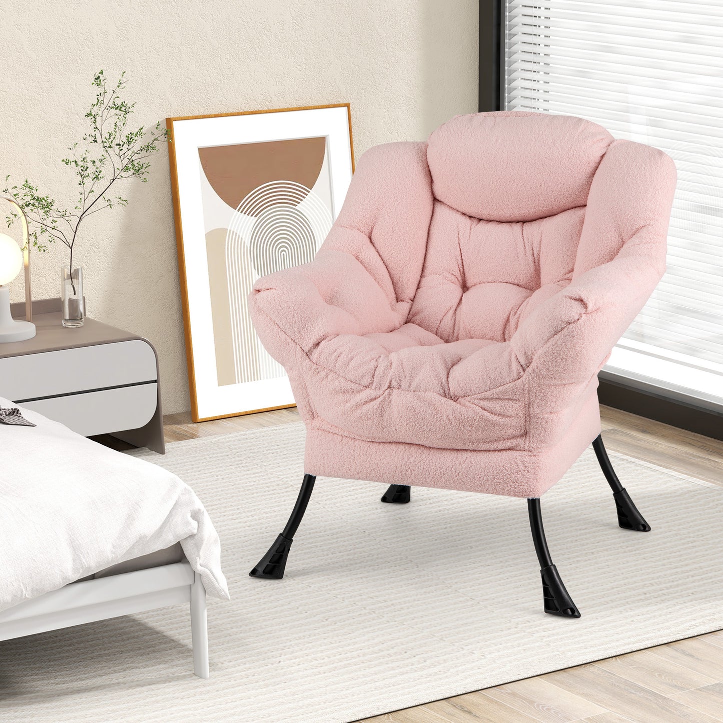 Ergonomic Sherpa Upholstered Accent Chair with Head Pillow and Side Pocket – Pink