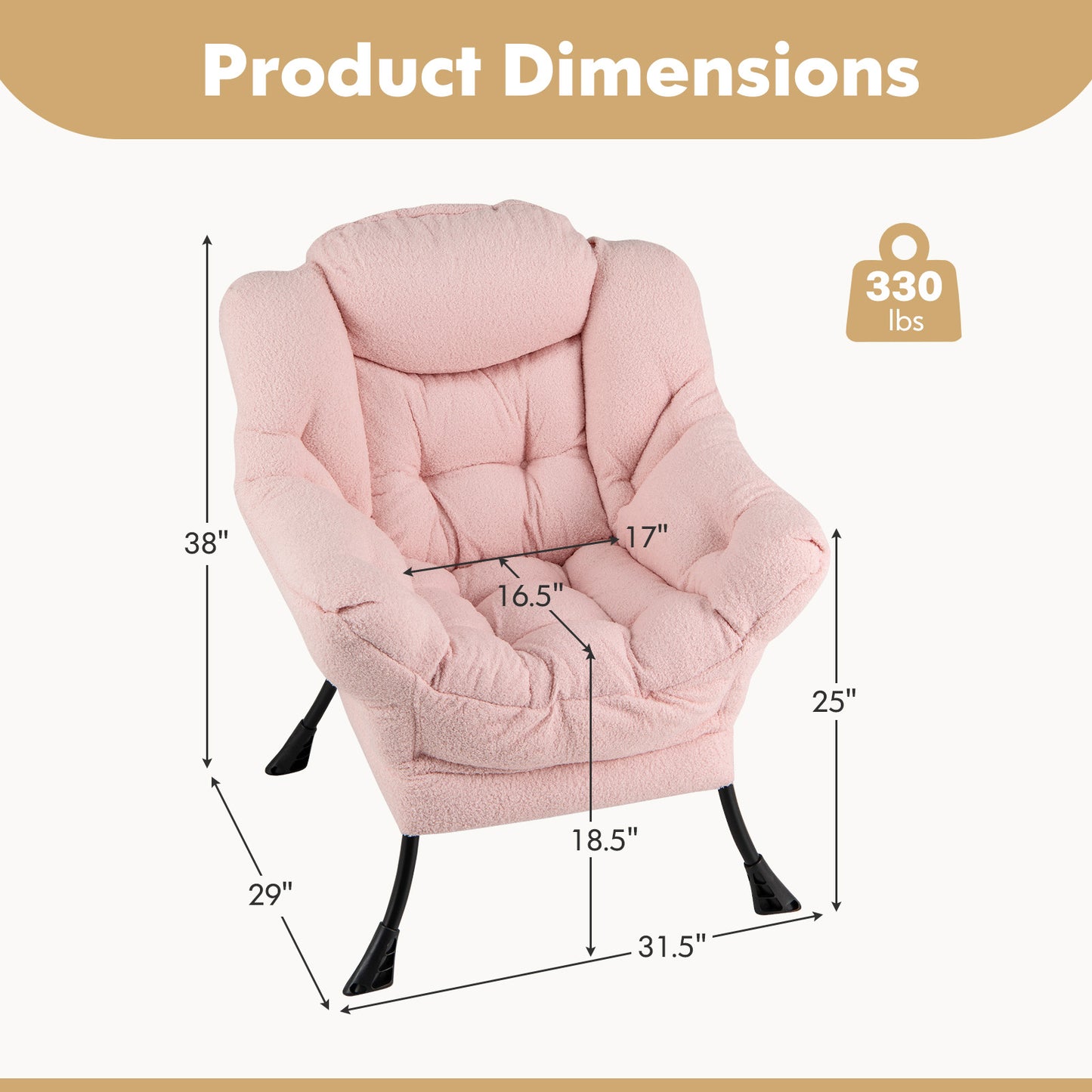 Ergonomic Sherpa Upholstered Accent Chair with Head Pillow and Side Pocket – Pink