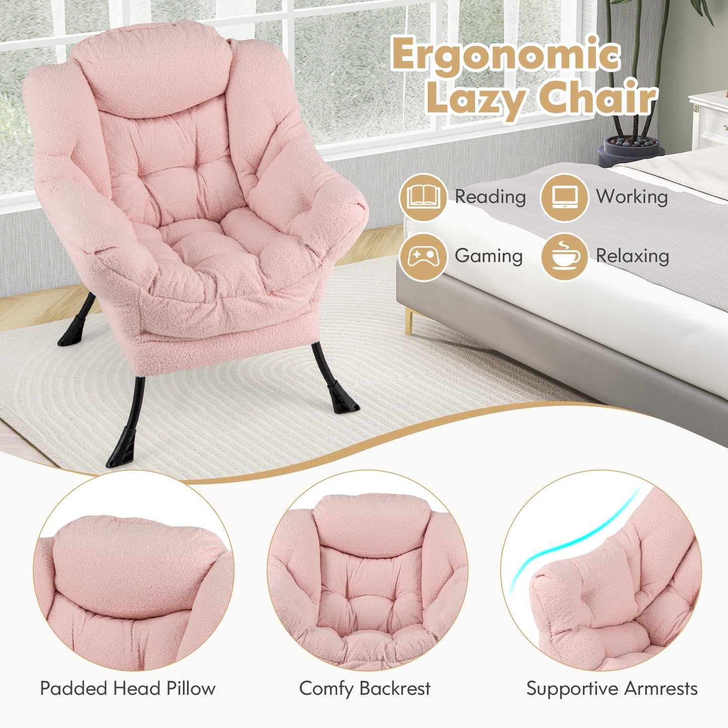 Ergonomic Sherpa Upholstered Accent Chair with Head Pillow and Side Pocket – Pink