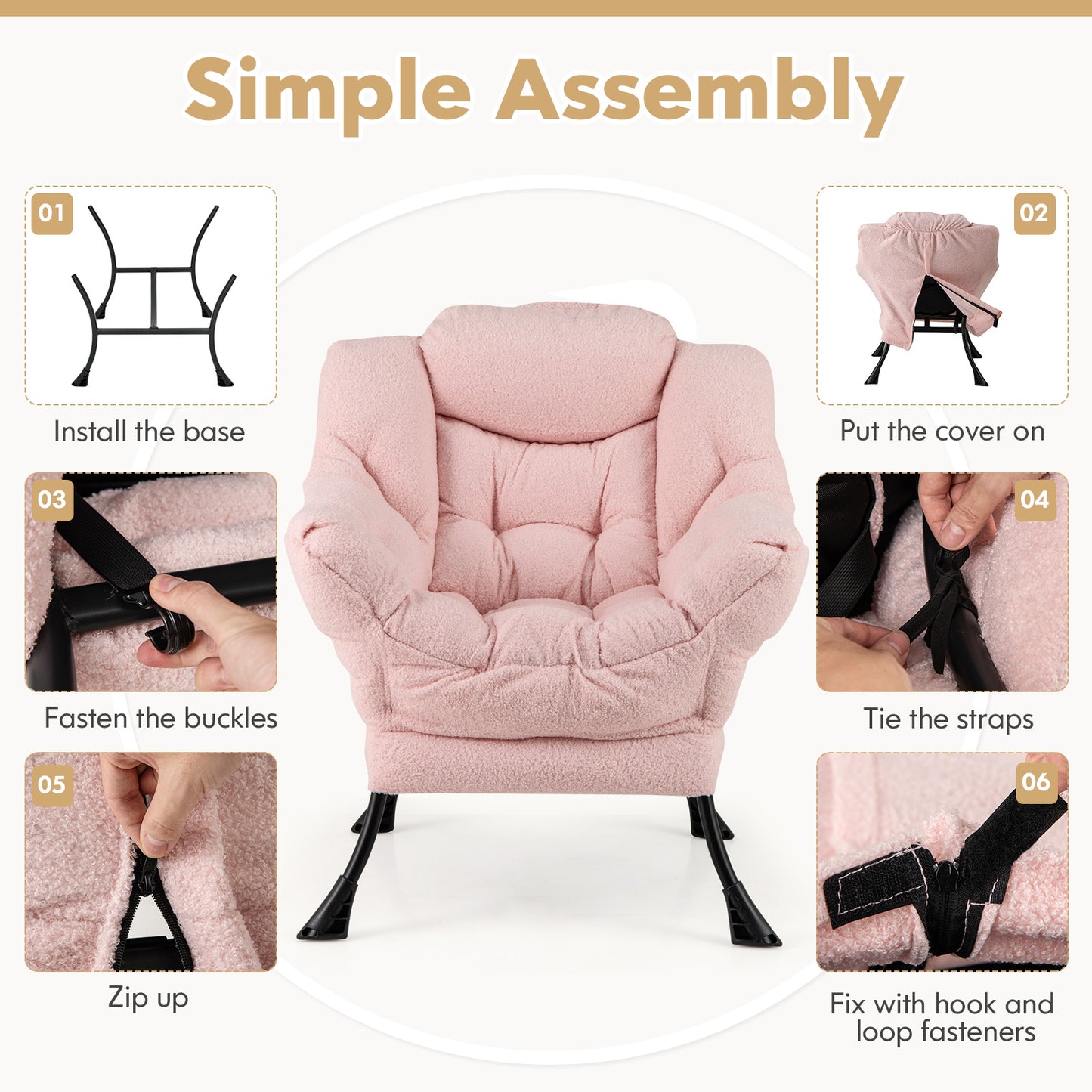 Ergonomic Sherpa Upholstered Accent Chair with Head Pillow and Side Pocket – Pink