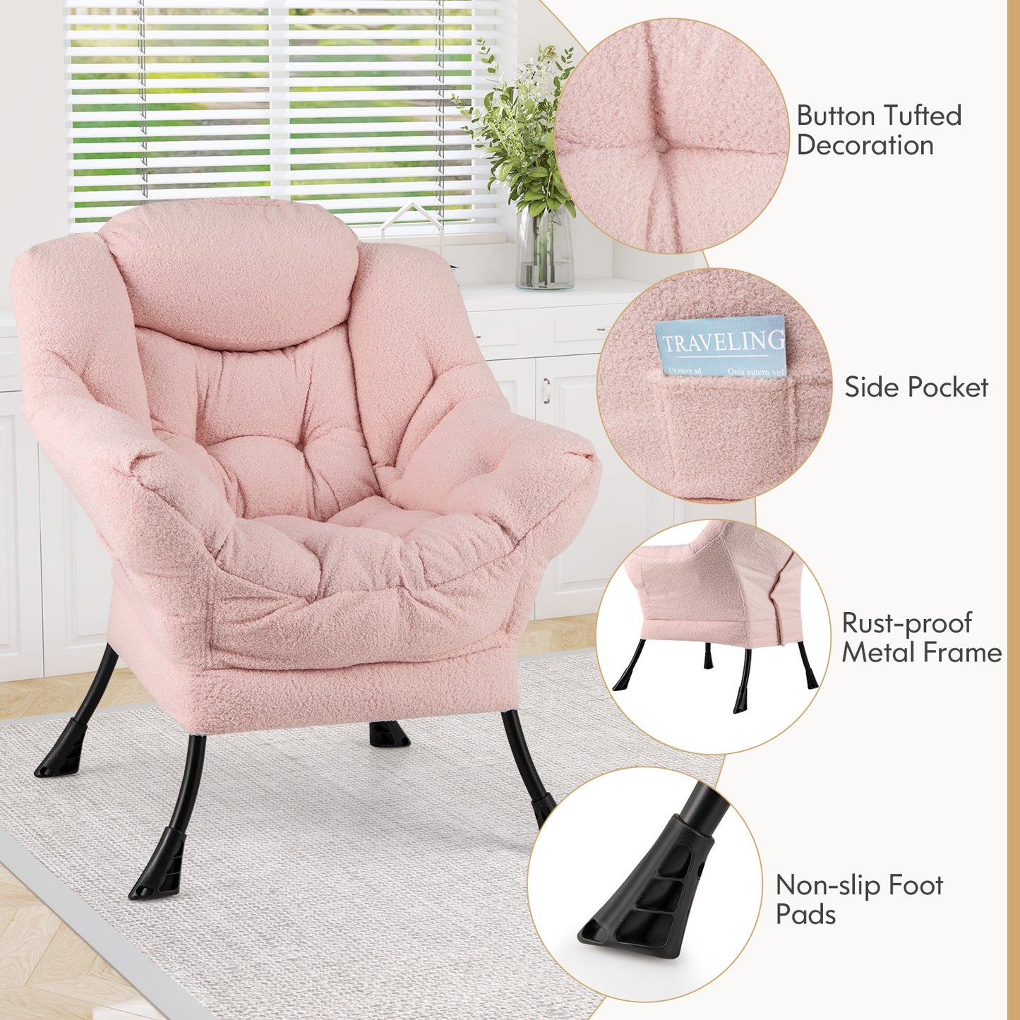 Ergonomic Sherpa Upholstered Accent Chair with Head Pillow and Side Pocket – Pink