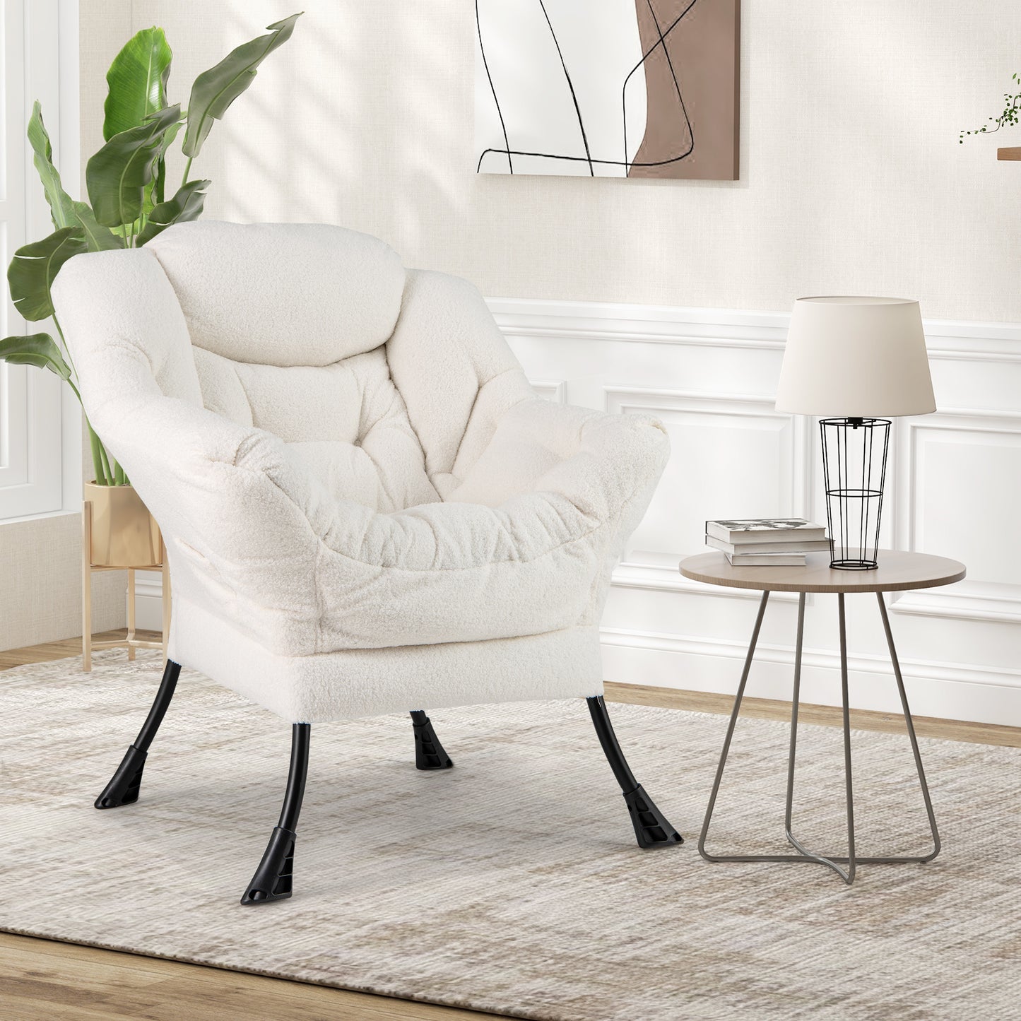 Ergonomic Sherpa Upholstered Accent Chair with Head Pillow and Side Pocket – Beige