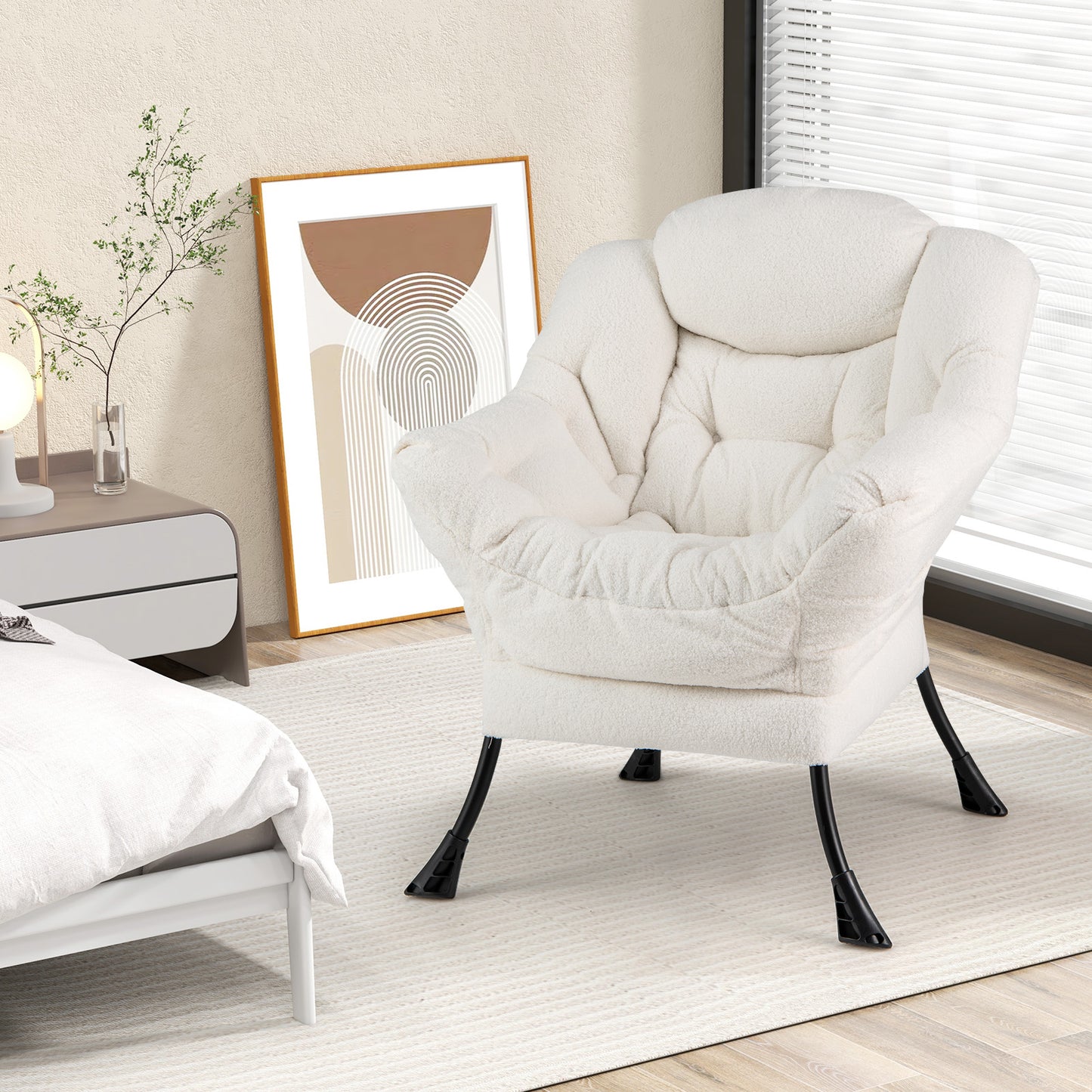 Ergonomic Sherpa Upholstered Accent Chair with Head Pillow and Side Pocket – Beige
